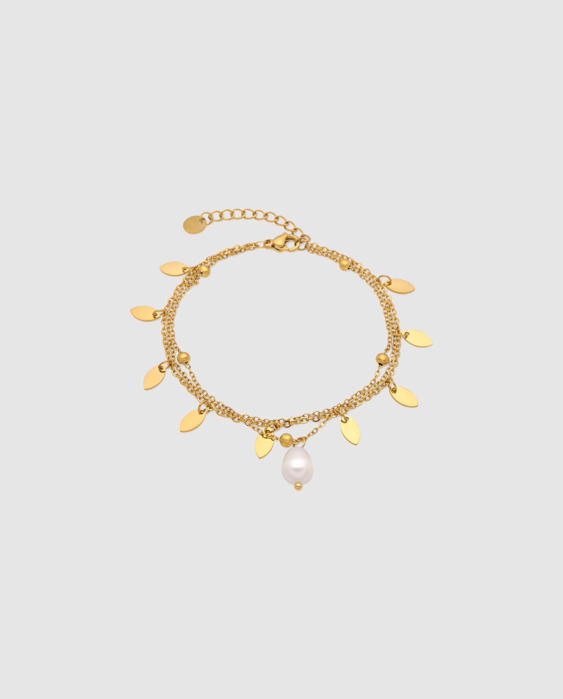 Imagem 0 de Pulseira de Corrente Boho de Aço Acabada em Ouro Amarelo de 18 Quilates com Pérola Branca