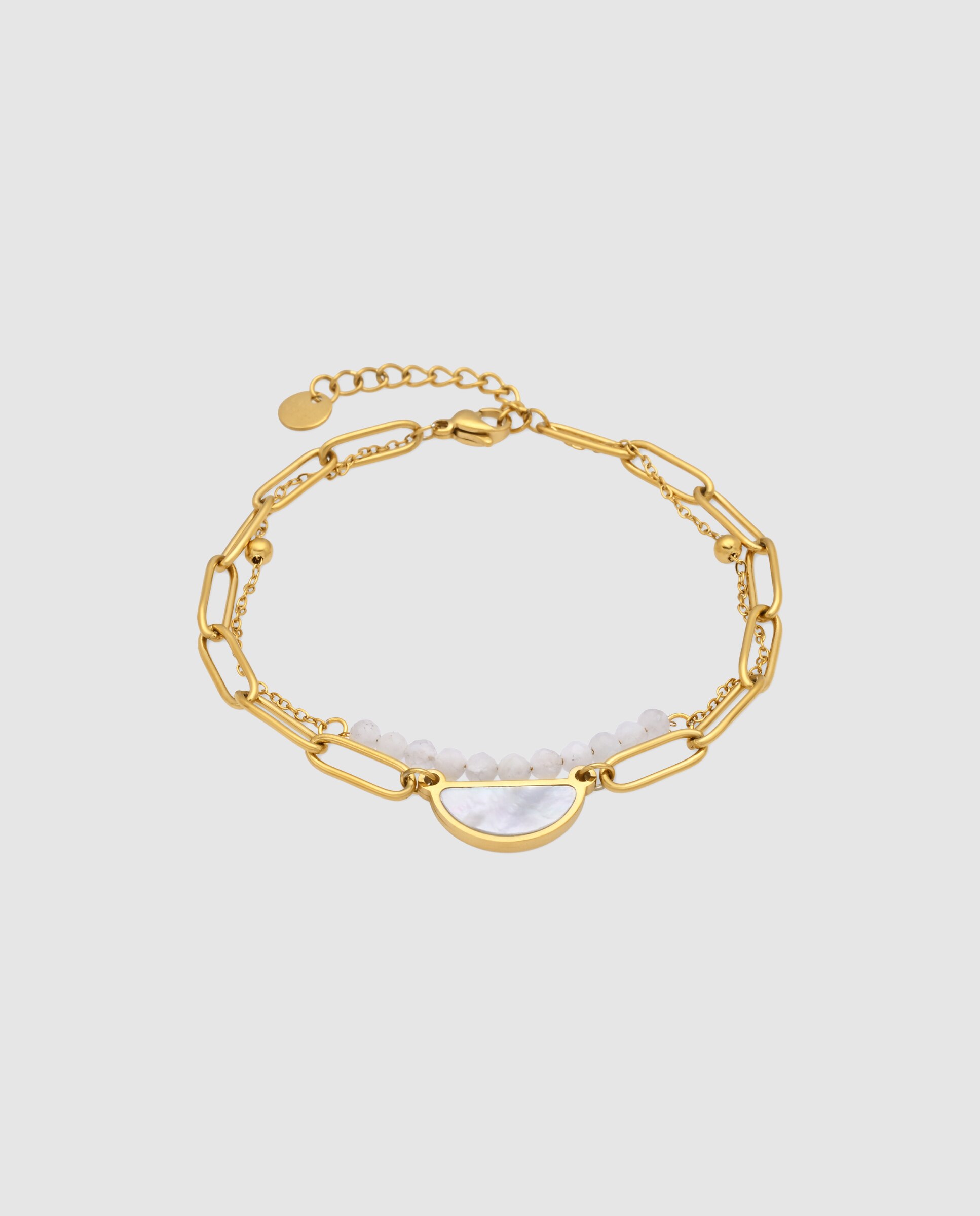 Imagem 0 de Pulseira de Corrente Boho de Aço Acabada em Ouro Amarelo de 18 Quilates com Pérola Branca