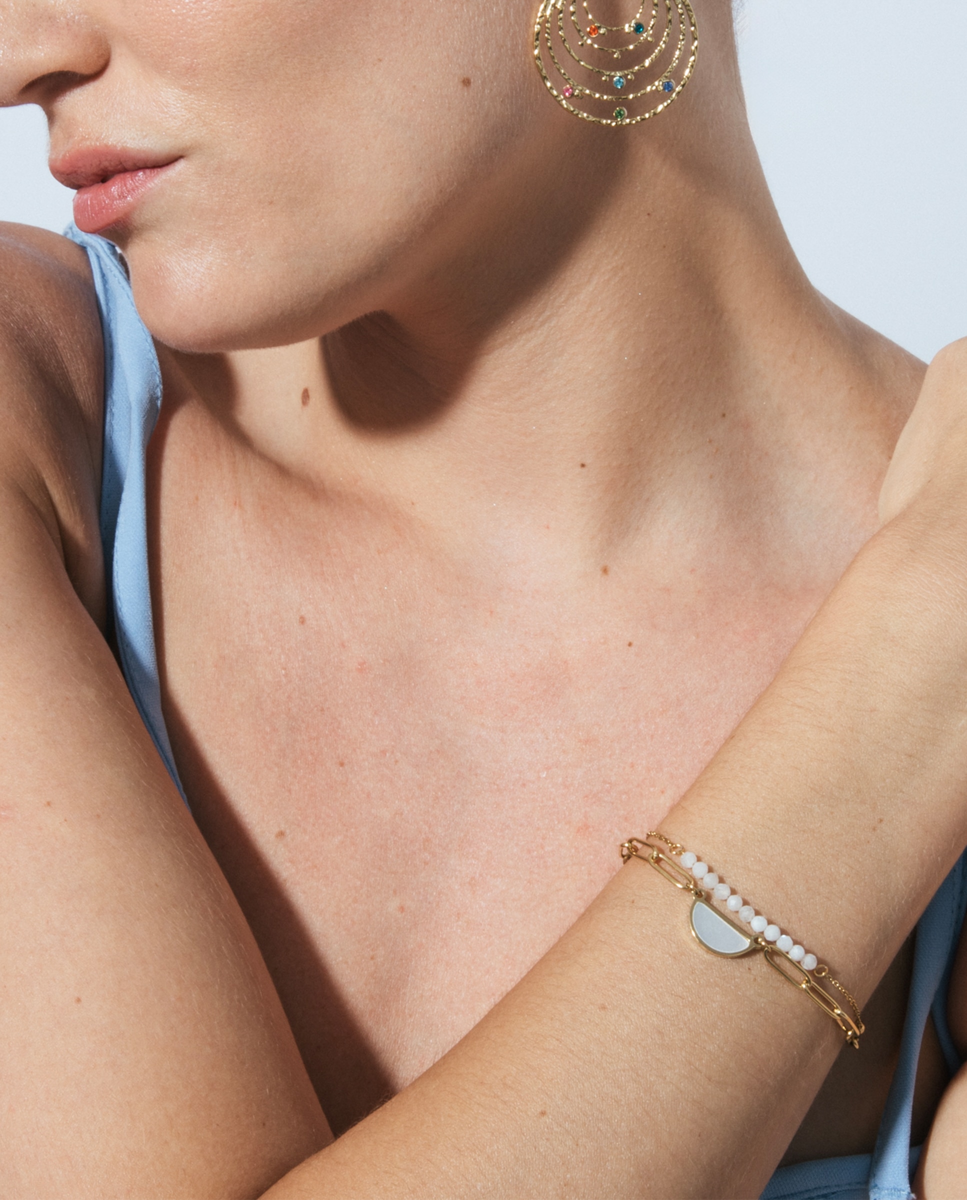 Pulseira de Corrente Boho de Aço Acabada em Ouro Amarelo de 18 Quilates com Pérola Branca Ouro-4