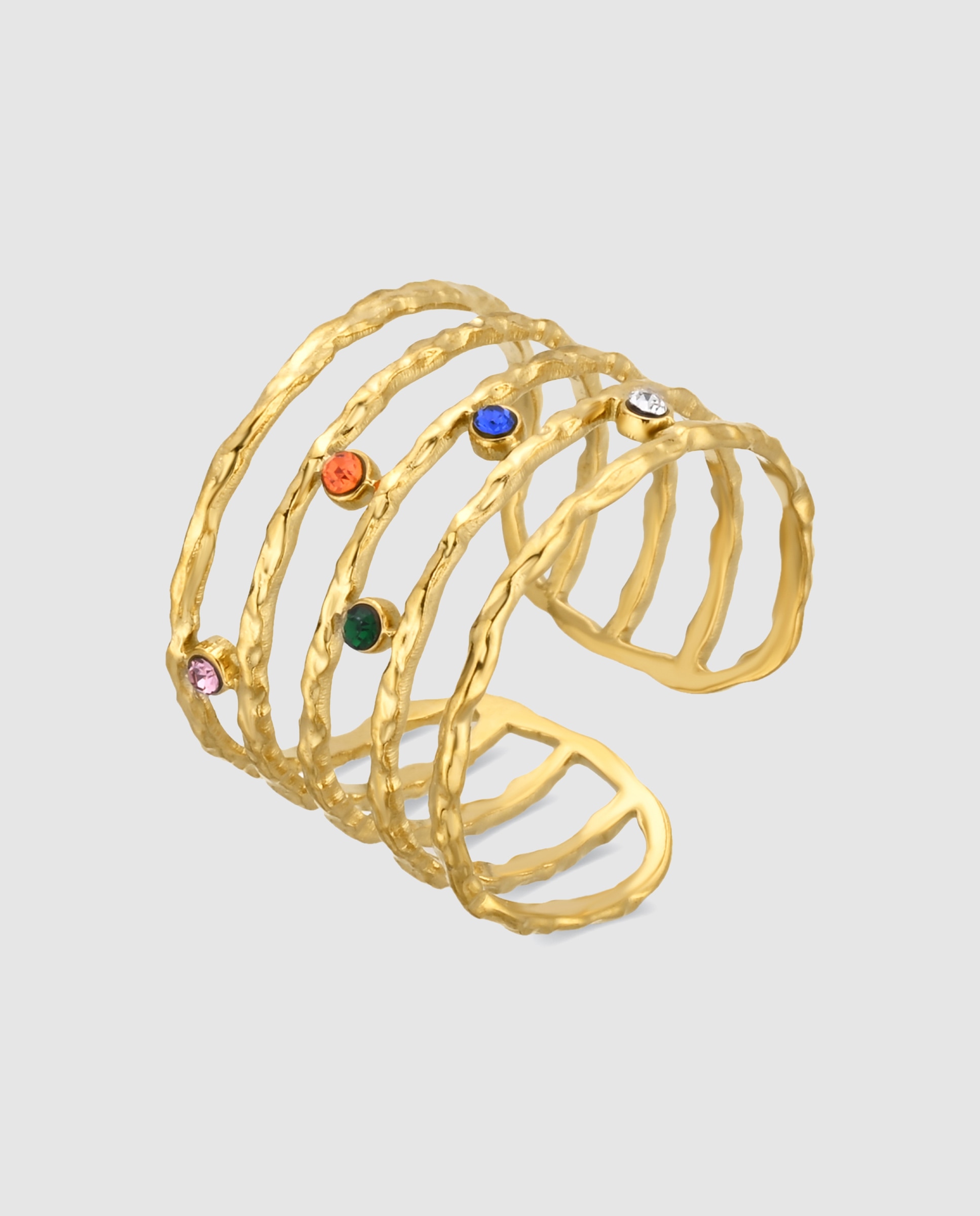 Imagem 0 de Anel Ajustável Boho de Aço com Acabamento em Ouro Amarelo de 18 Quilates e Zirconita Multicolor