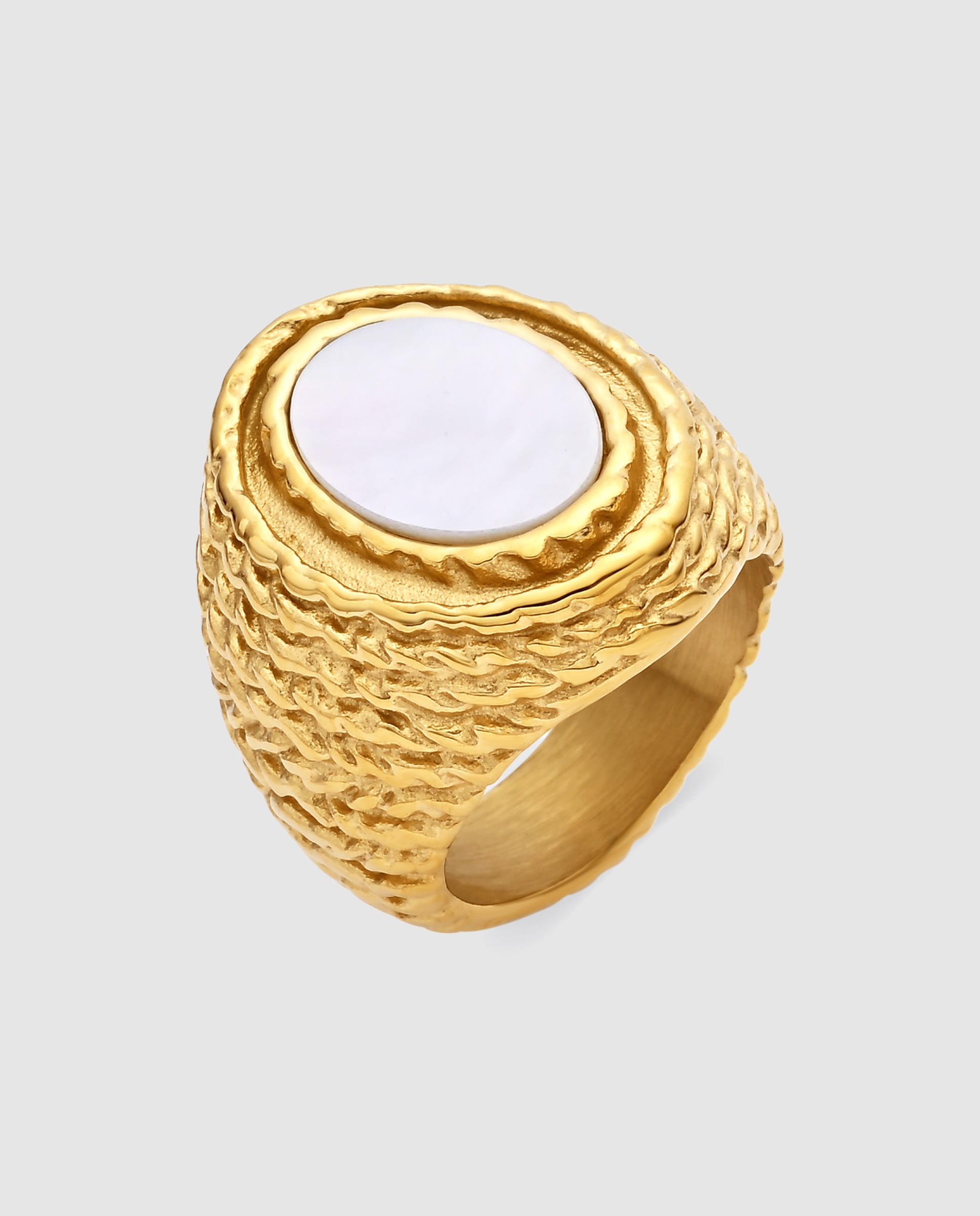 Imagem 0 de Anel Ajustável Boho de Aço com Acabamento em Ouro Amarelo de 18 Quilates e Madrepérola em Branco