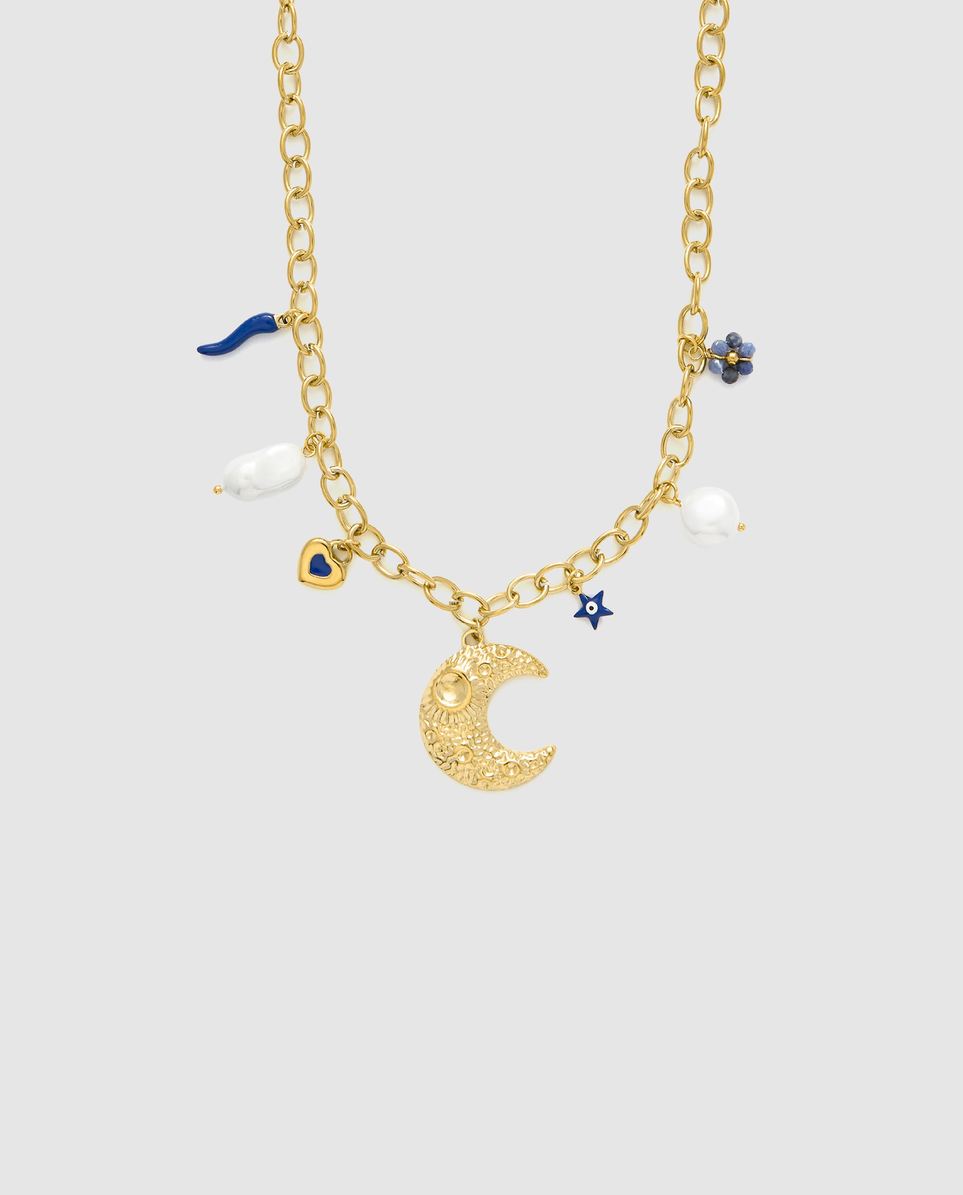 Corrente com Pingente Boho de Aço com Acabamento em Ouro Amarelo de 18 Quilates com Lacado Azul Ouro-1