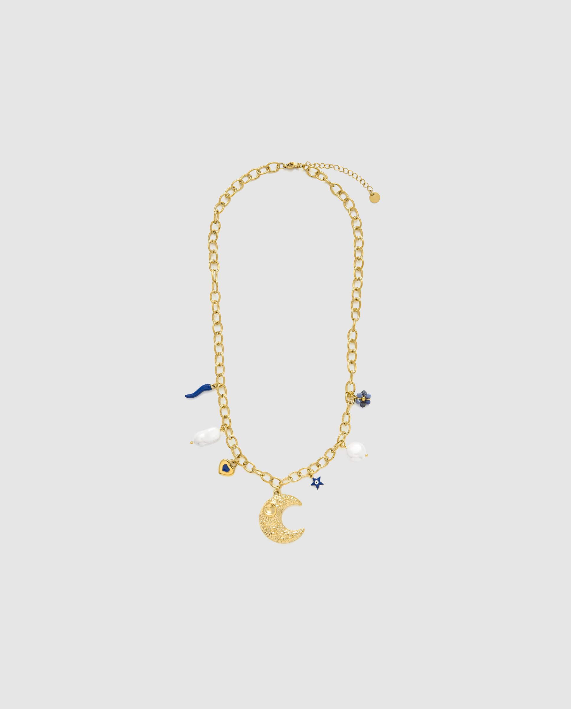 Corrente com Pingente Boho de Aço com Acabamento em Ouro Amarelo de 18 Quilates com Lacado Azul Ouro-3