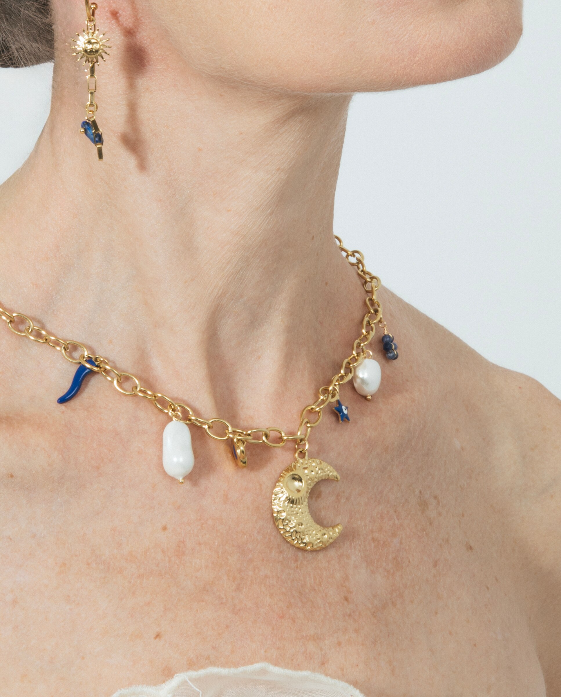 Corrente com Pingente Boho de Aço com Acabamento em Ouro Amarelo de 18 Quilates com Lacado Azul Ouro-4