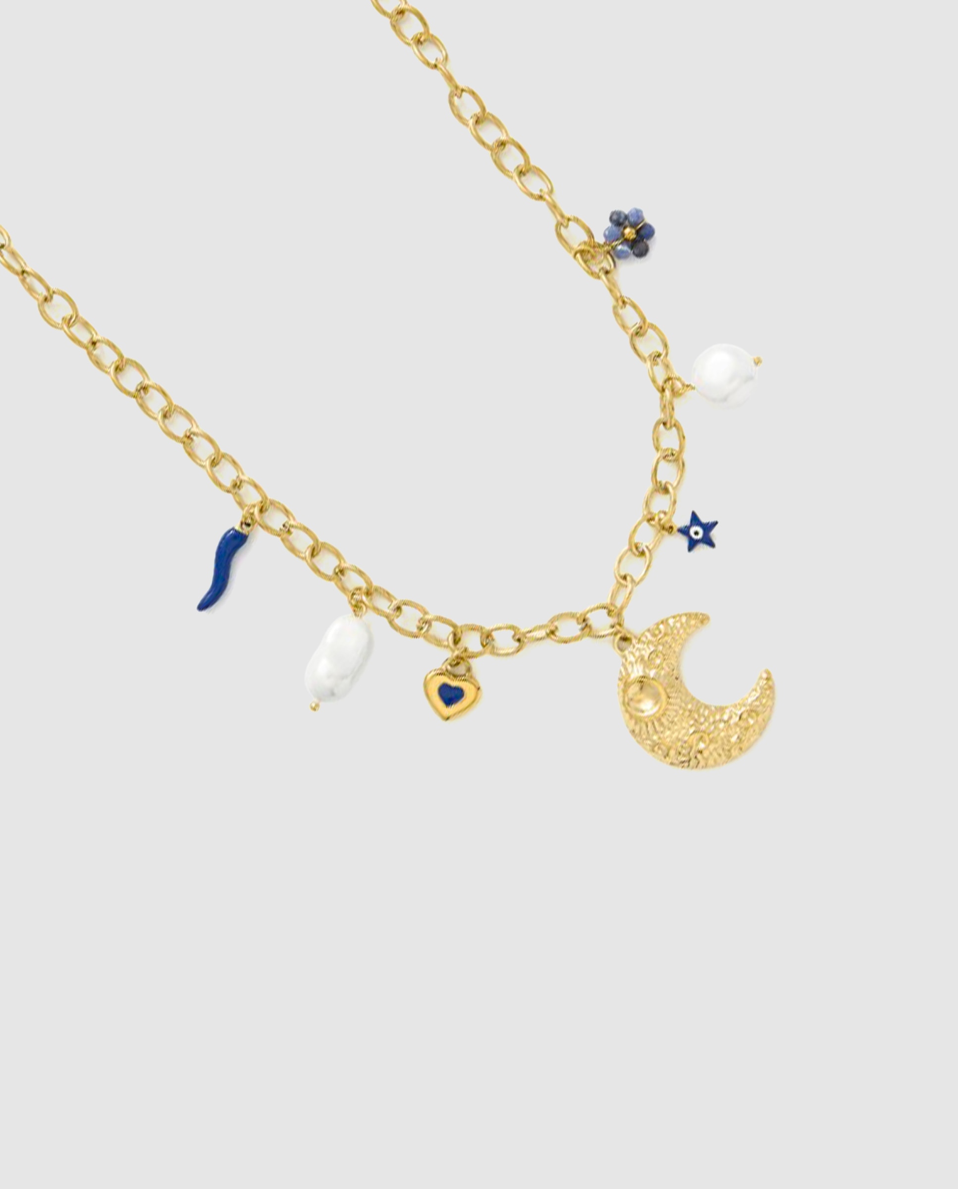Corrente com Pingente Boho de Aço com Acabamento em Ouro Amarelo de 18 Quilates com Lacado Azul Ouro-6