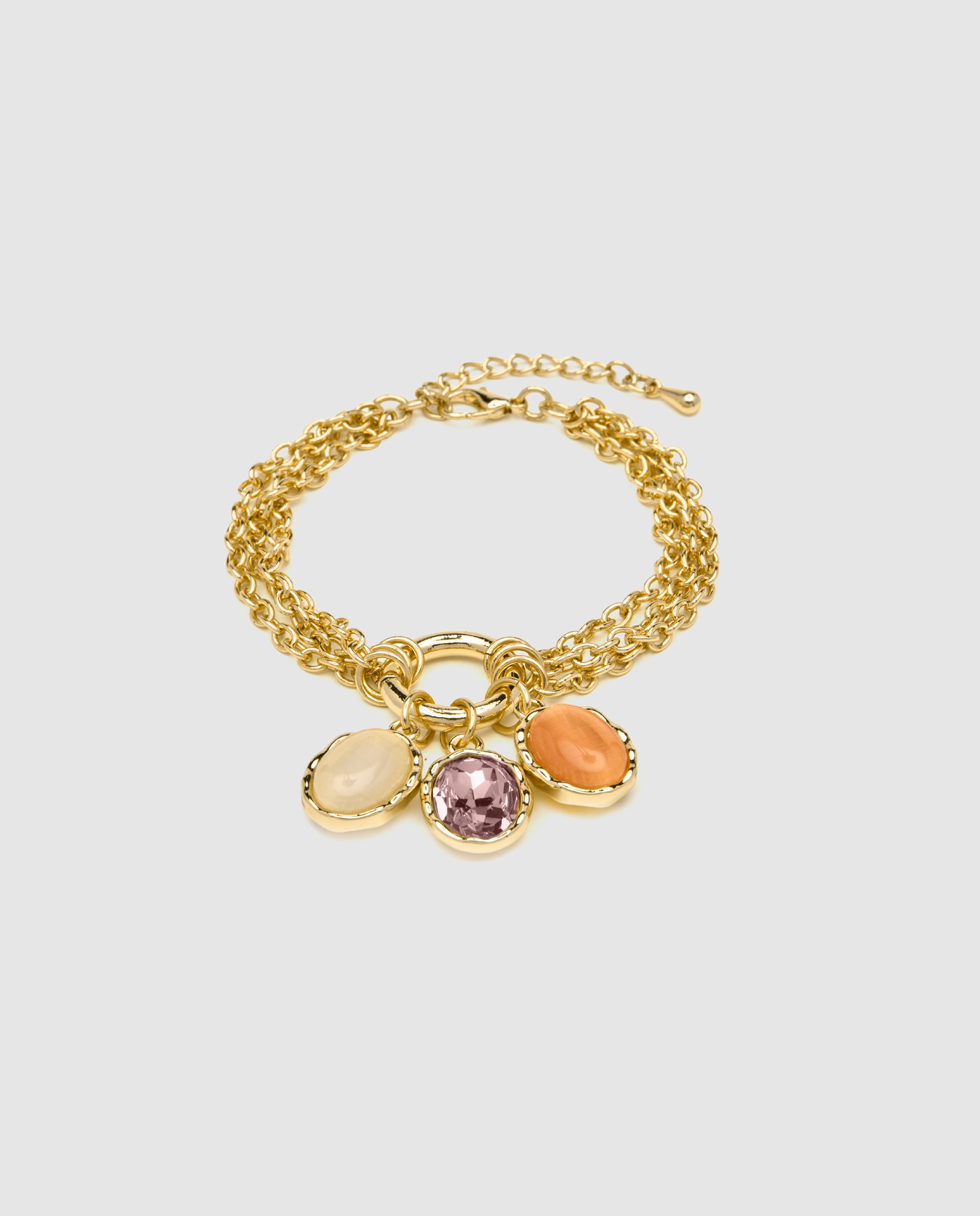 Pulseira África Acabada em Ouro Amarelo de 18 Quilates com Olho de Gato Multicolor com Charms Ouro-1