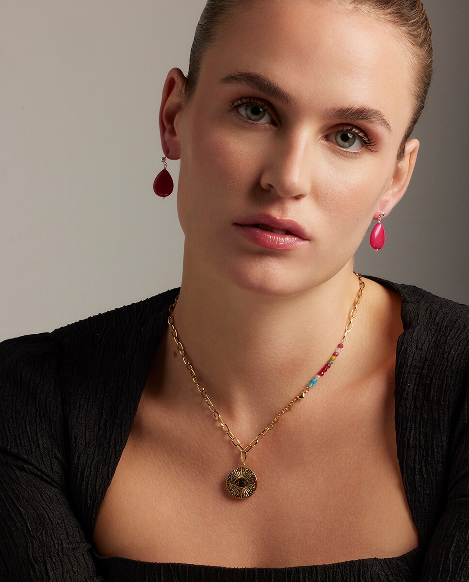 Brincos Africa Moda com acabamento em Ródio e Ágata Rosa Rosa-2