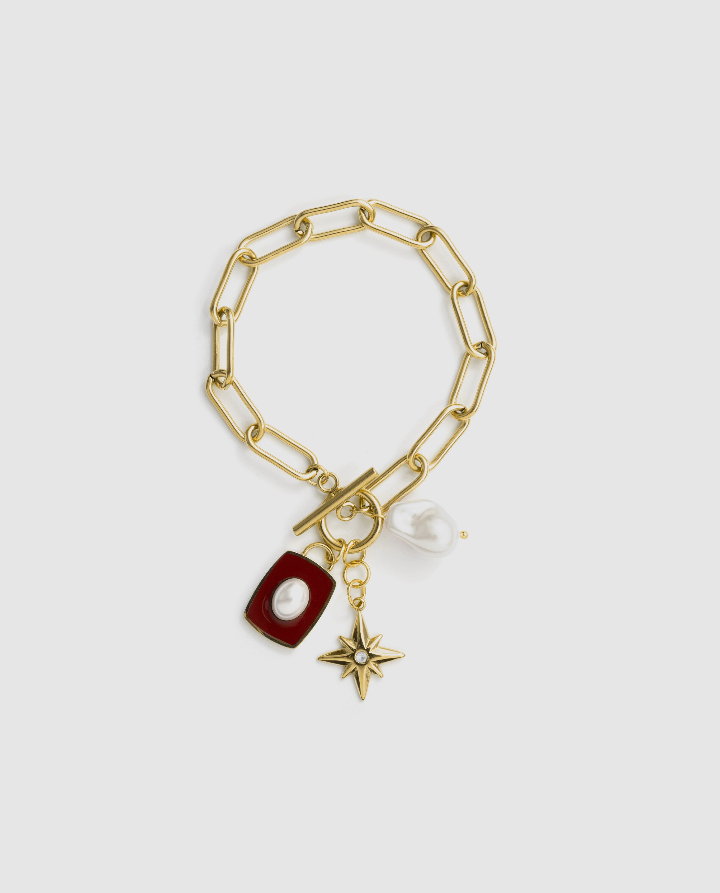 Pulseira com Charms Boho de Aço Acabada em Ouro Amarelo 18 Quilates com Pérola Branca Multicolor-3