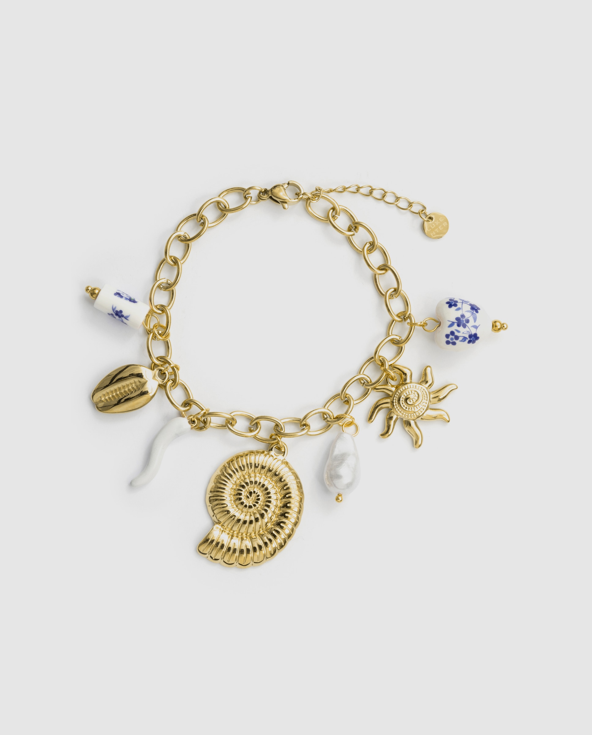 Pulseira com Charms Boho de Aço Acabada em Ouro Amarelo 18 Quilates com Pérola Branca Pérola-3