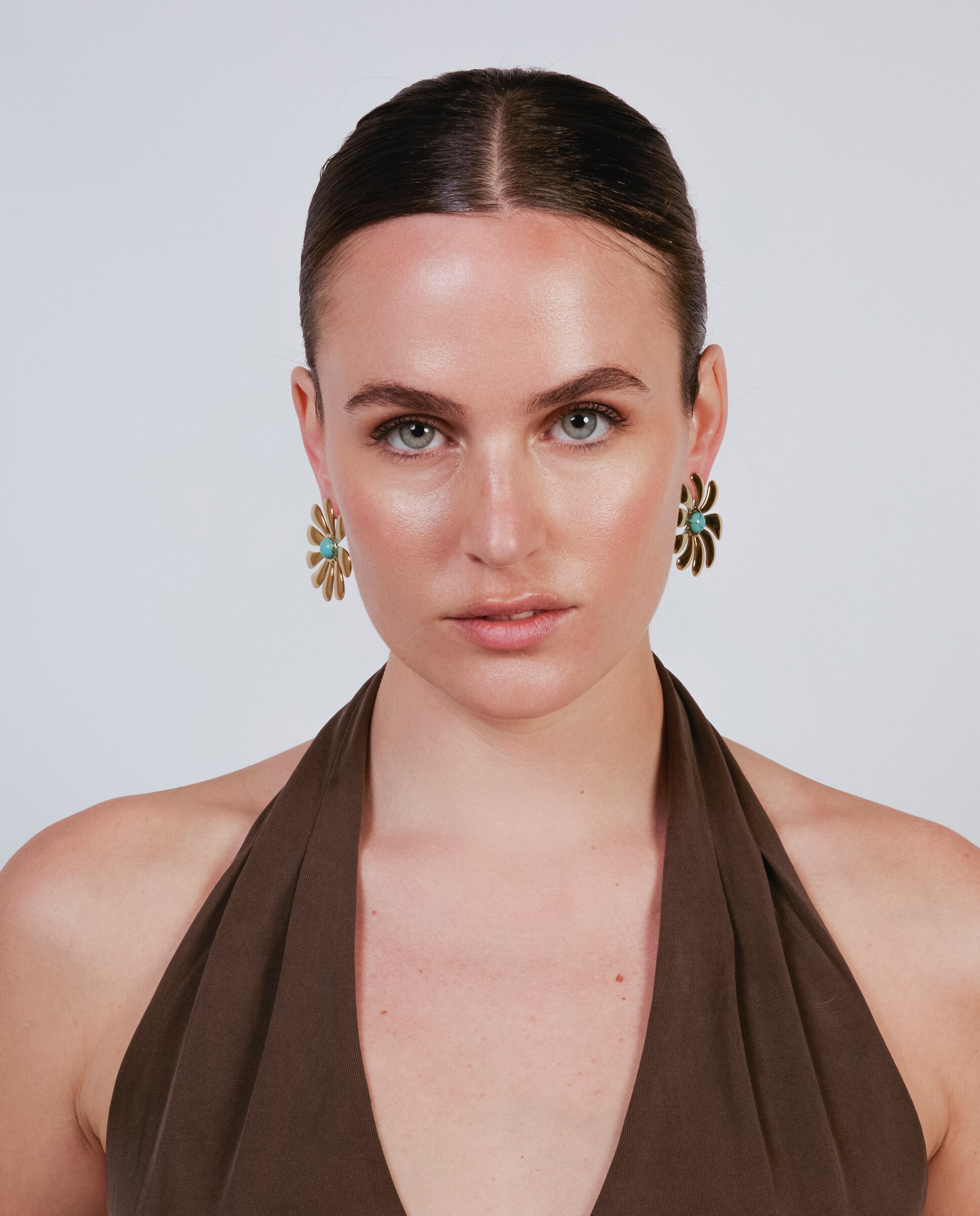 Brincos Boho de Aço com Acabamento em Ouro Amarelo 18 Quilates e Turquesa Dourado-2