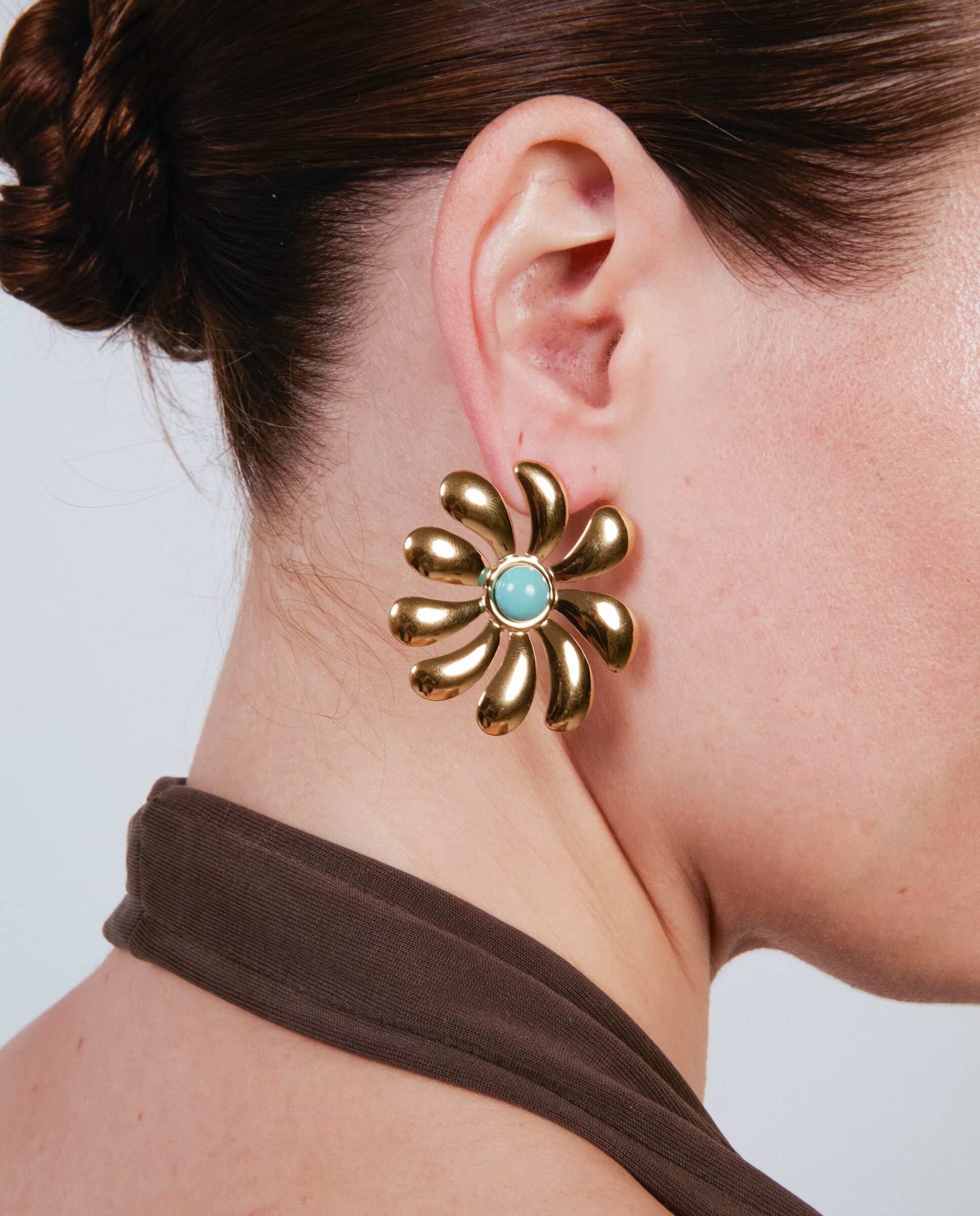 Brincos Boho de Aço com Acabamento em Ouro Amarelo 18 Quilates e Turquesa Dourado-4