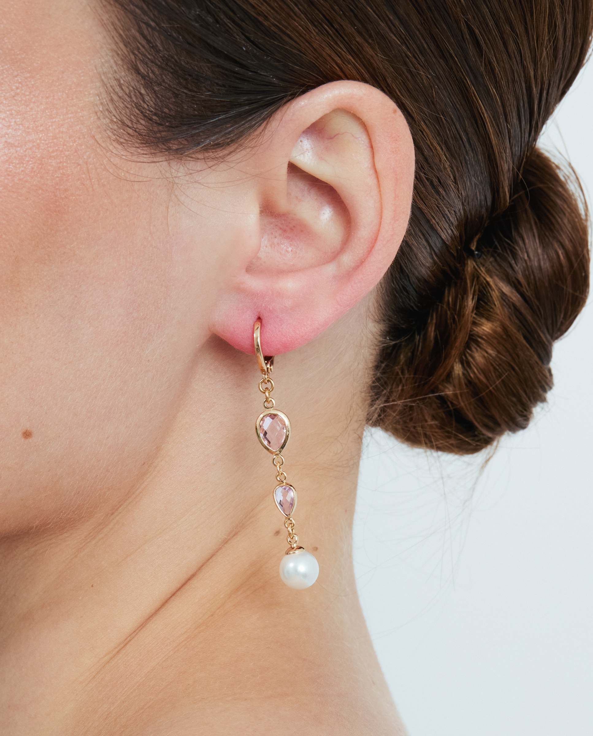 Brincos de Aro Special Edition com Acabamentos em Ouro Rosa de 18k com Pérola Branca e Cristal Rosa-4