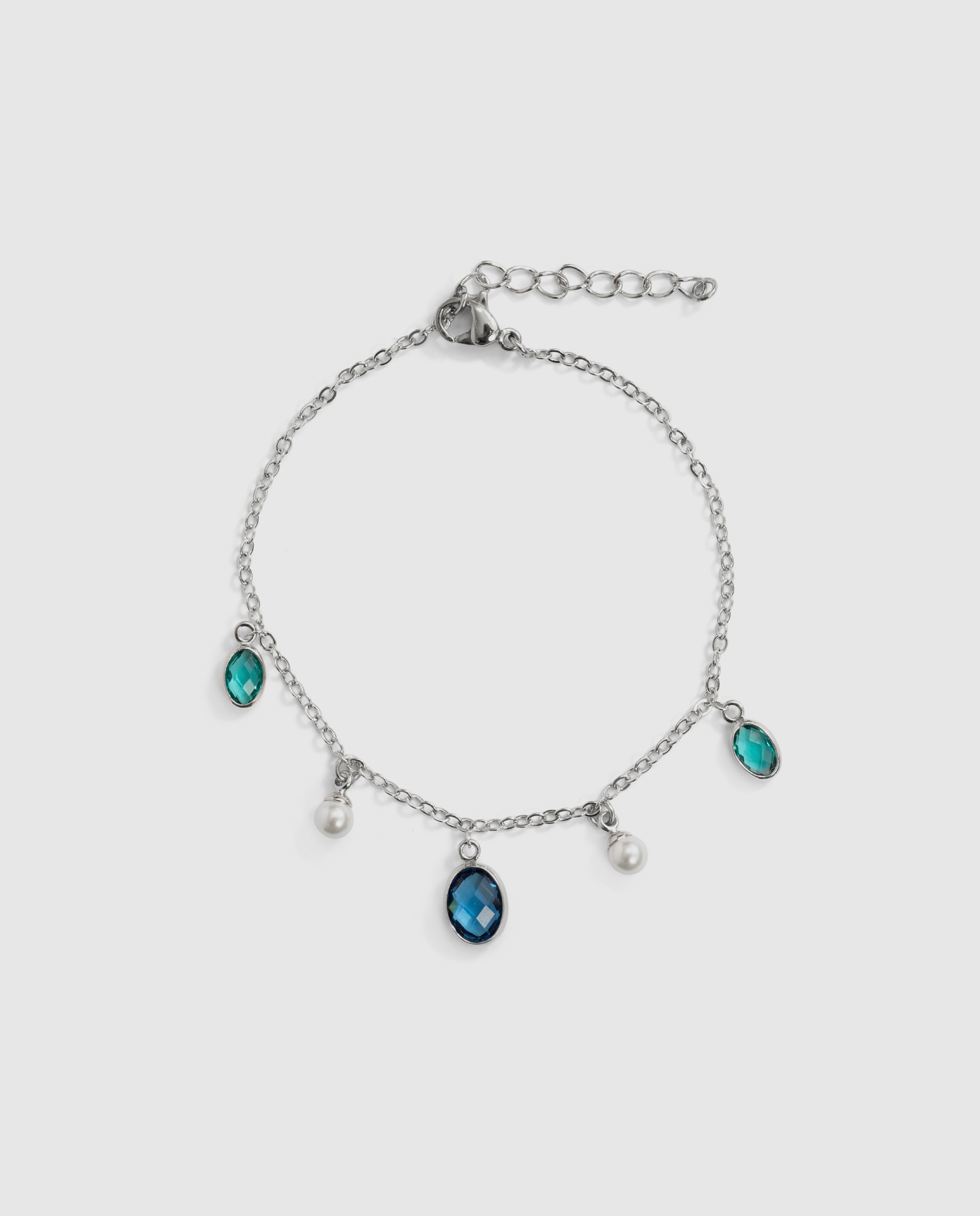 Pulseira Special Edition Acabada em Ródio com Pérola Branca e Cristal Azul-3