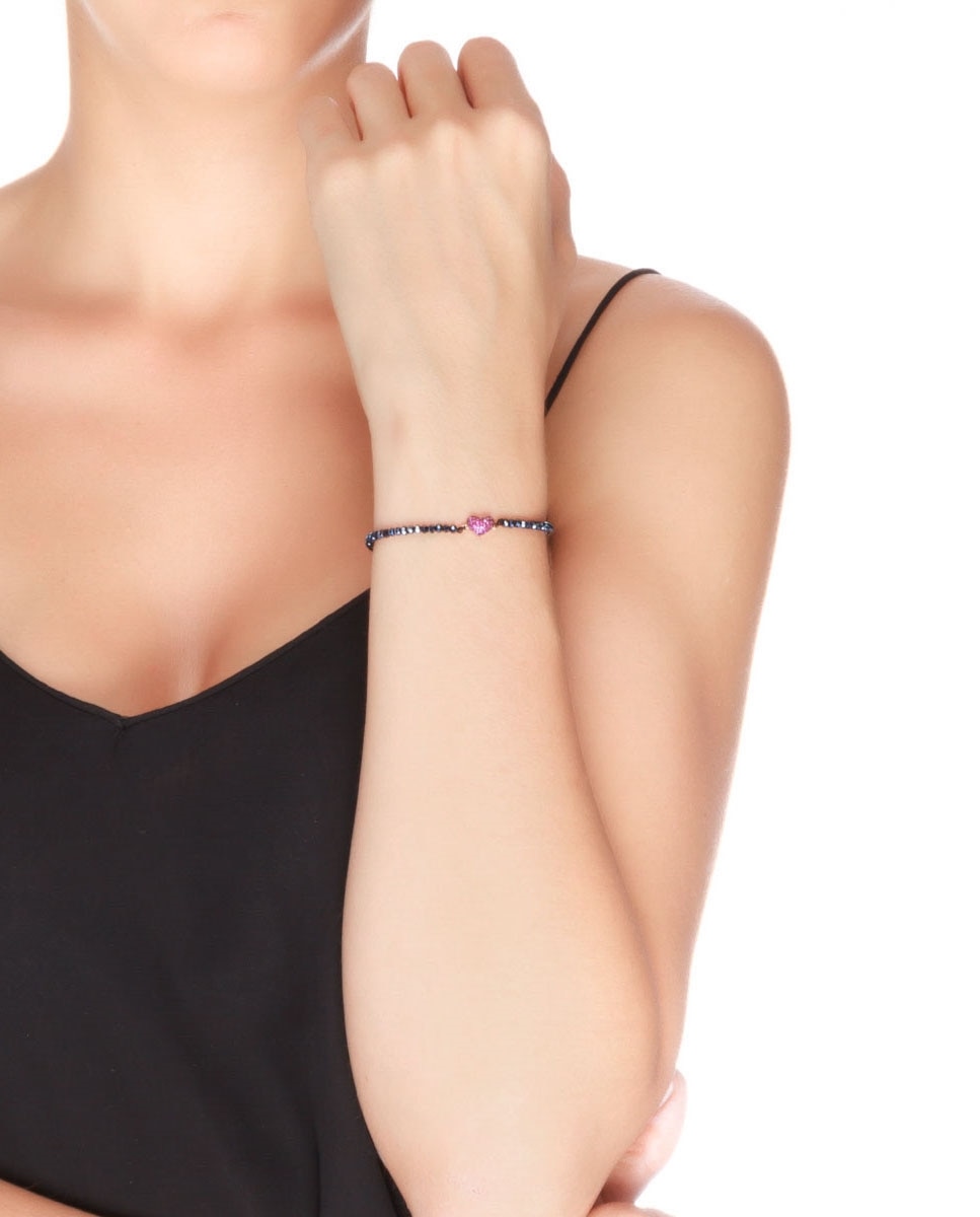 Pulseira de Cordão e Fio Pide Un Deseo de Prata de Lei 925 Acabada em Ouro Rosa de 18 Quilates com Zirconita Rubi Preto / Rosa-2
