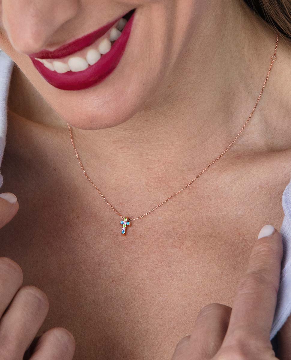 Colar Trendy de Prata de Lei 925 com Acabamento em Ouro Rosa de 18 Quilates e Zirconita Multicolor Multicolor-4