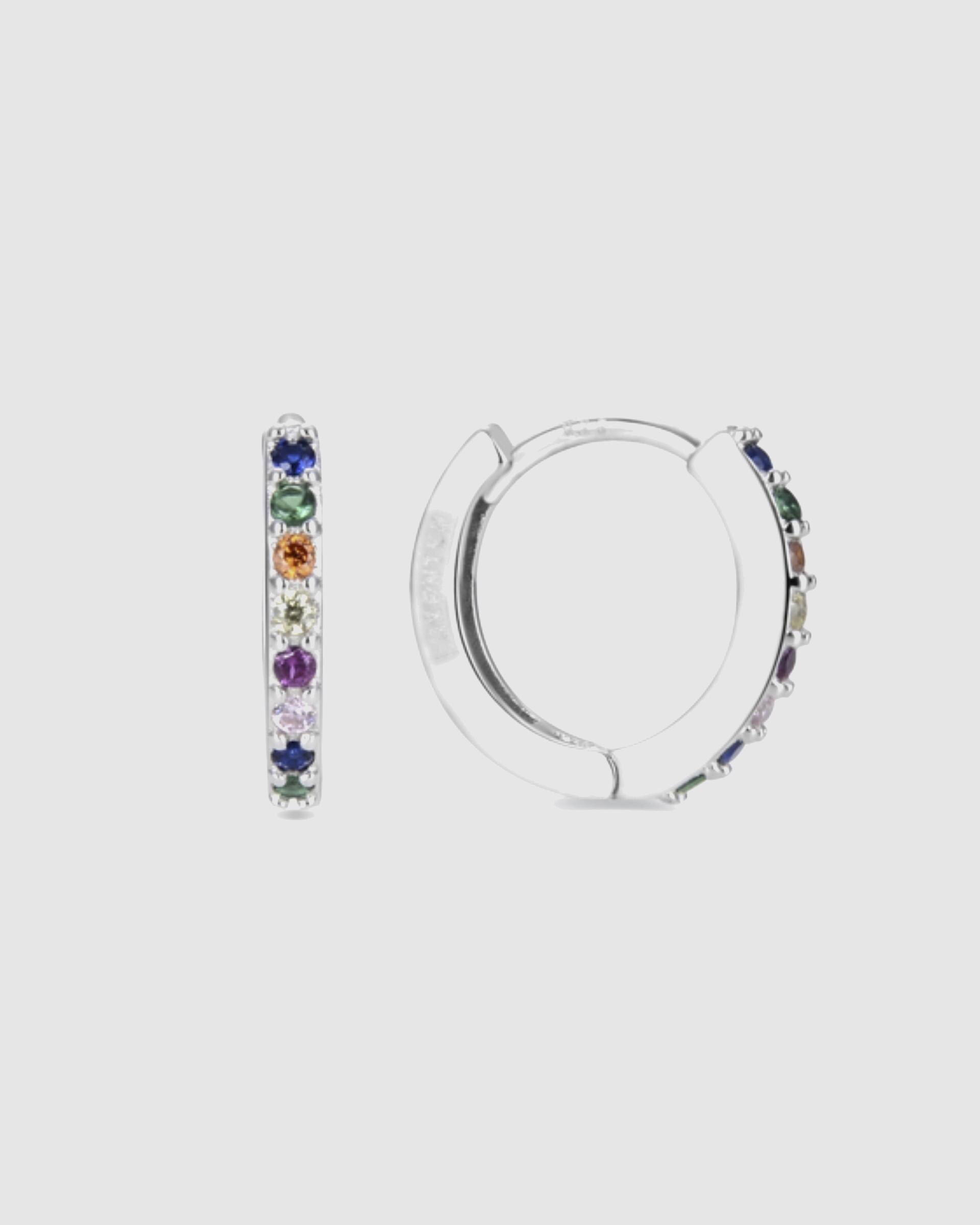 Brincos de Argola Essential de Prata de Lei 925 com Acabamento em Ródio e Zirconita Multicolor Prata-1
