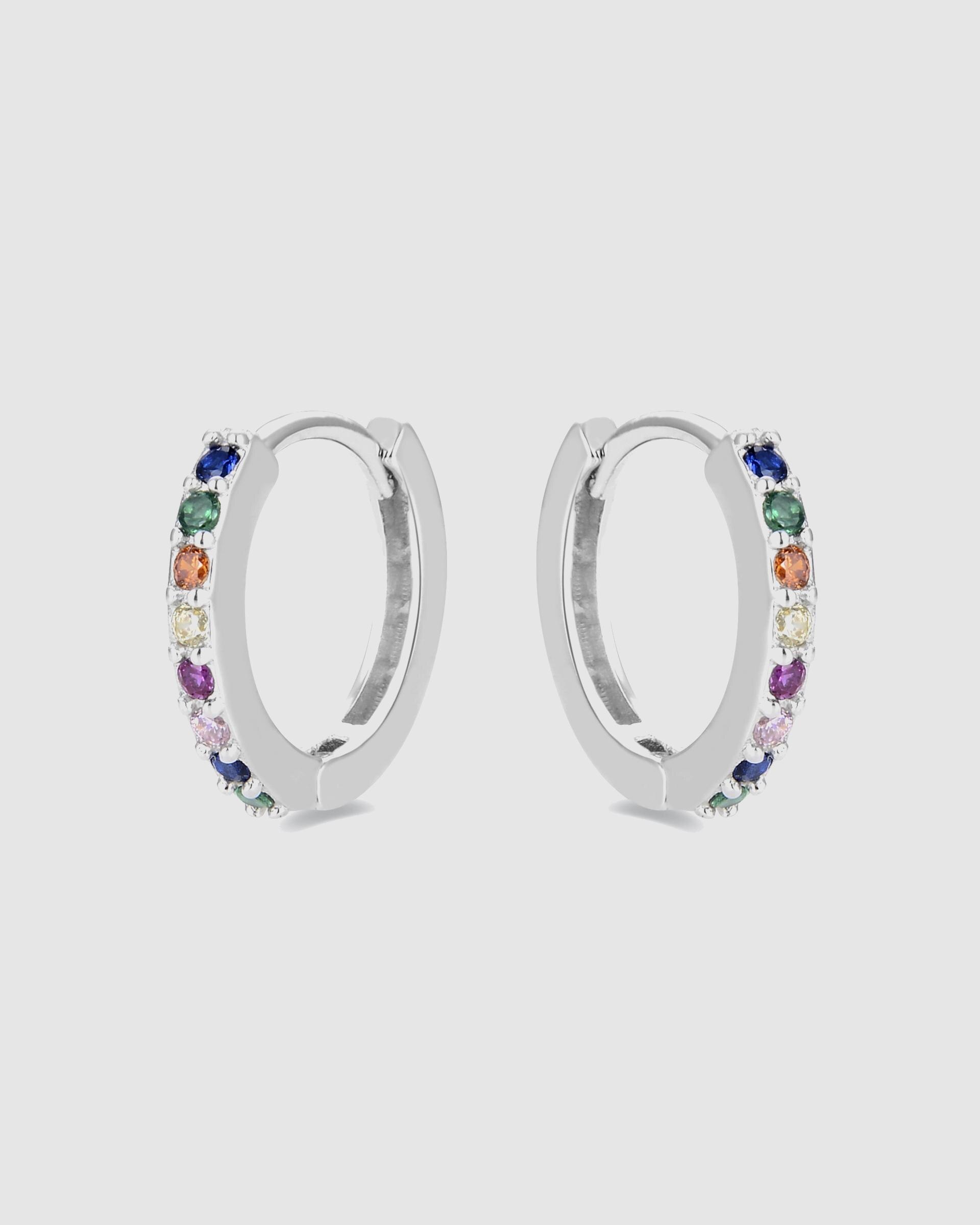 Brincos de Argola Essential de Prata de Lei 925 com Acabamento em Ródio e Zirconita Multicolor Prata-3