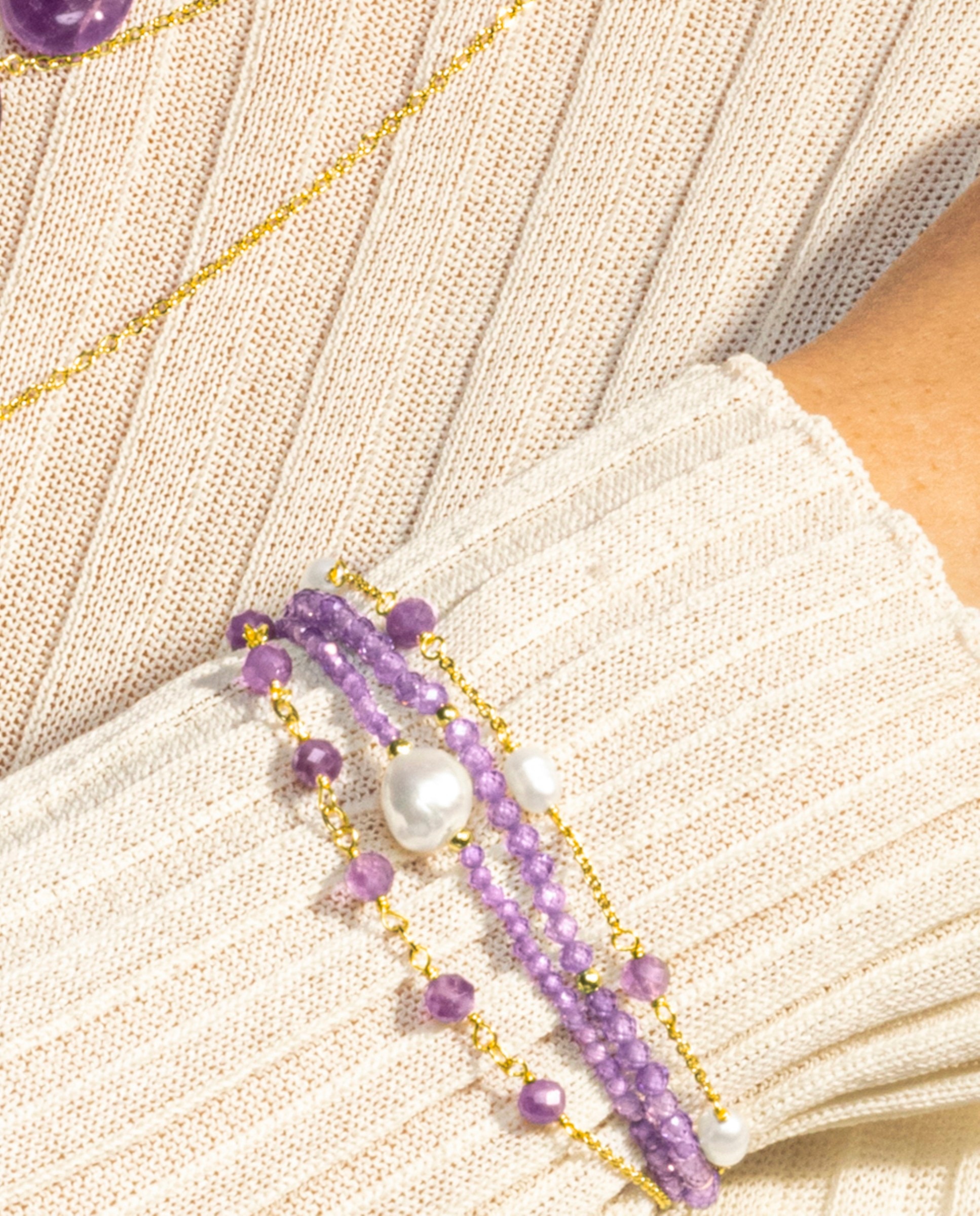 Pulseira de Cordão e Fio África Moda Acabada em Ouro Amarelo de 18 Quilates com Zirconita Ametista Roxo-3