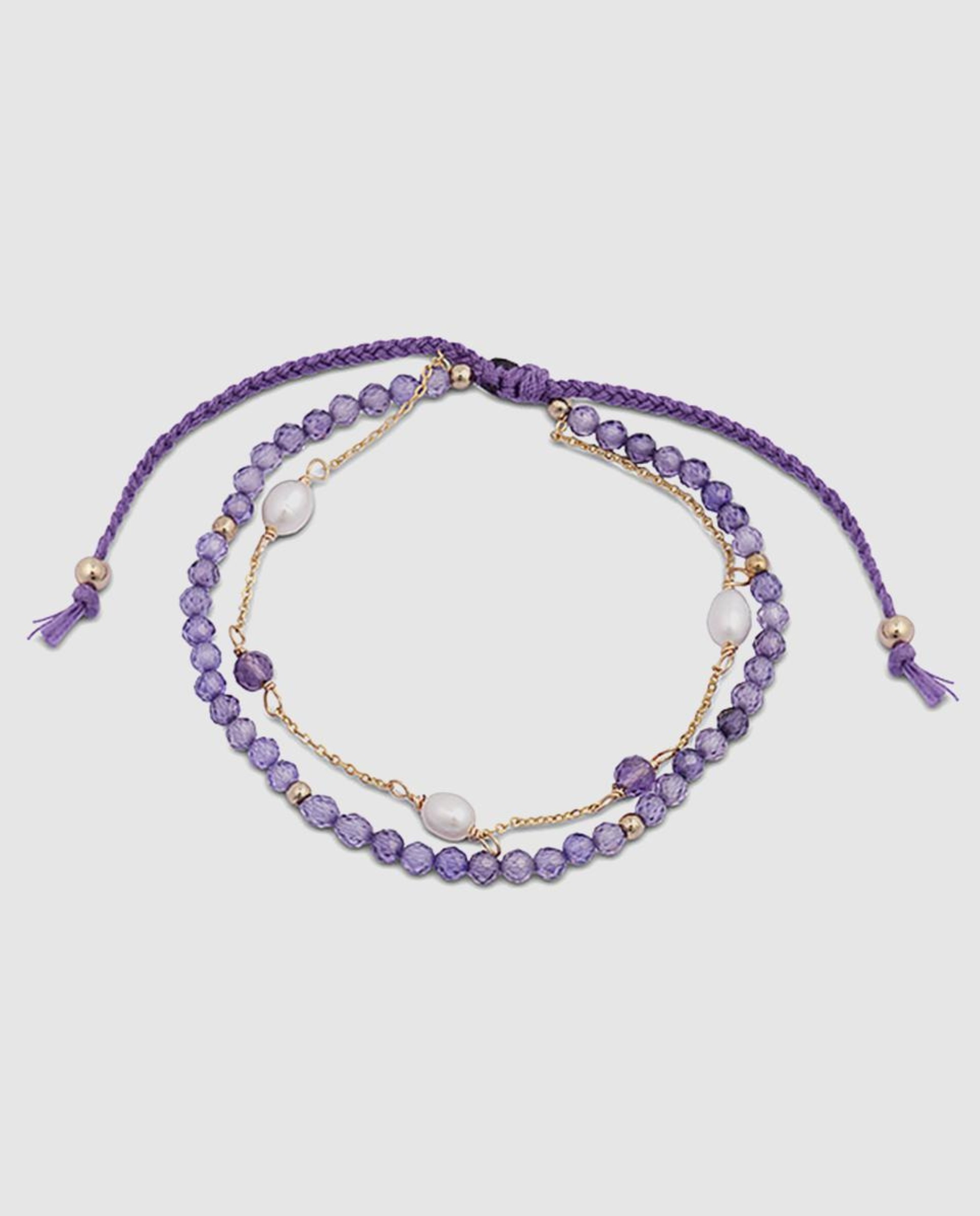 Pulseira de Cordão e Fio África Moda Acabada em Ouro Amarelo de 18 Quilates com Zirconita Ametista Roxo-1