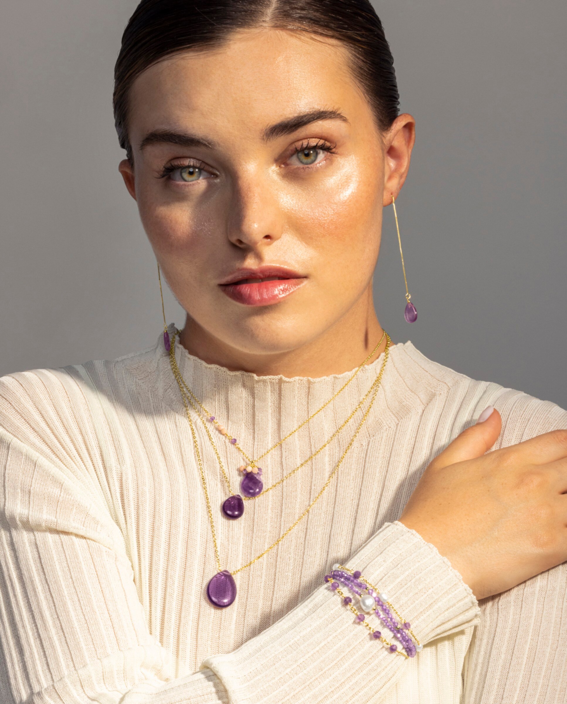 Pulseira de Cordão e Fio África Moda Acabada em Ouro Amarelo de 18 Quilates com Zirconita Ametista Roxo-2
