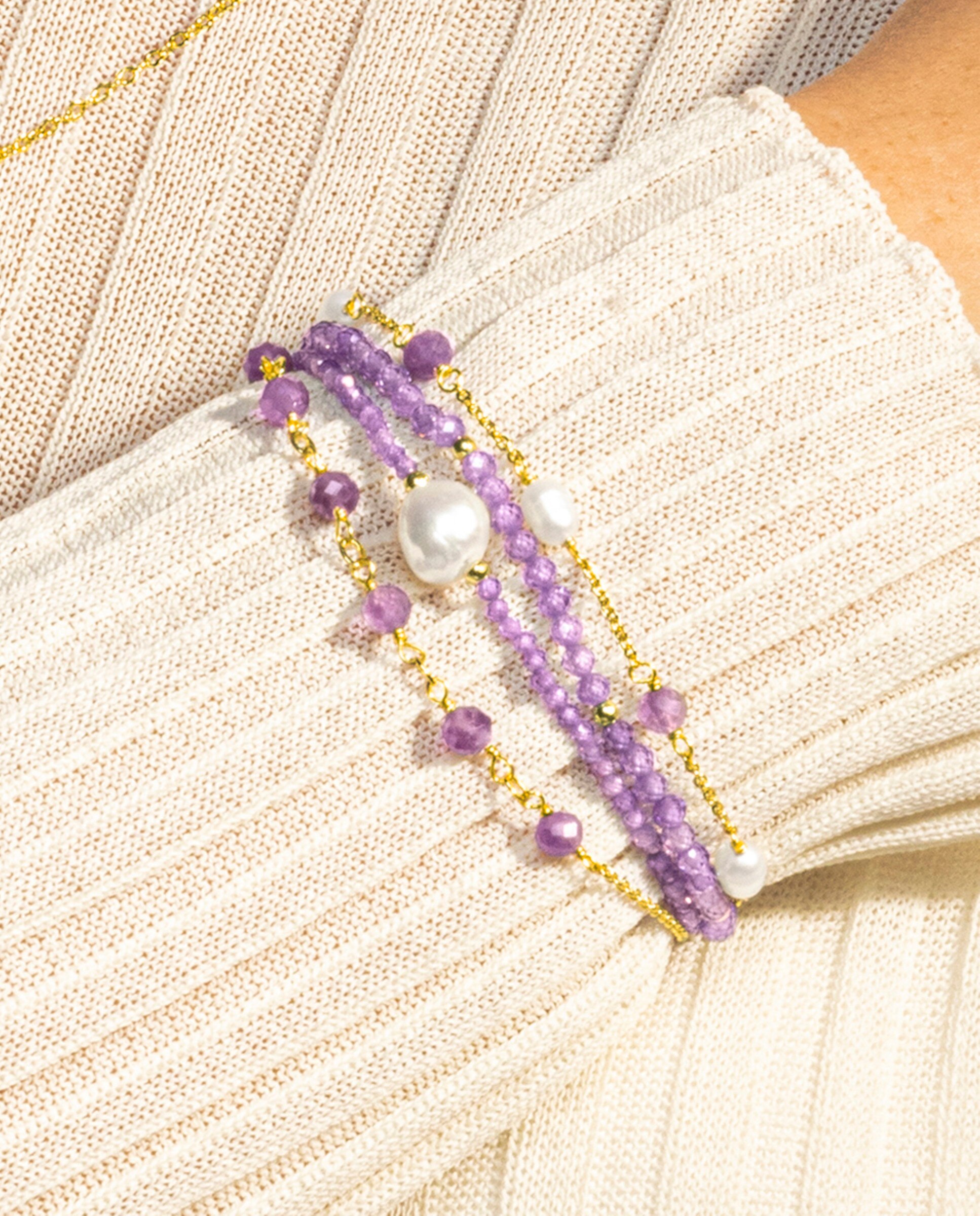 Pulseira de Cordão e Fio África Moda Acabada em Ouro Amarelo de 18 Quilates com Zirconita Ametista Roxo-3