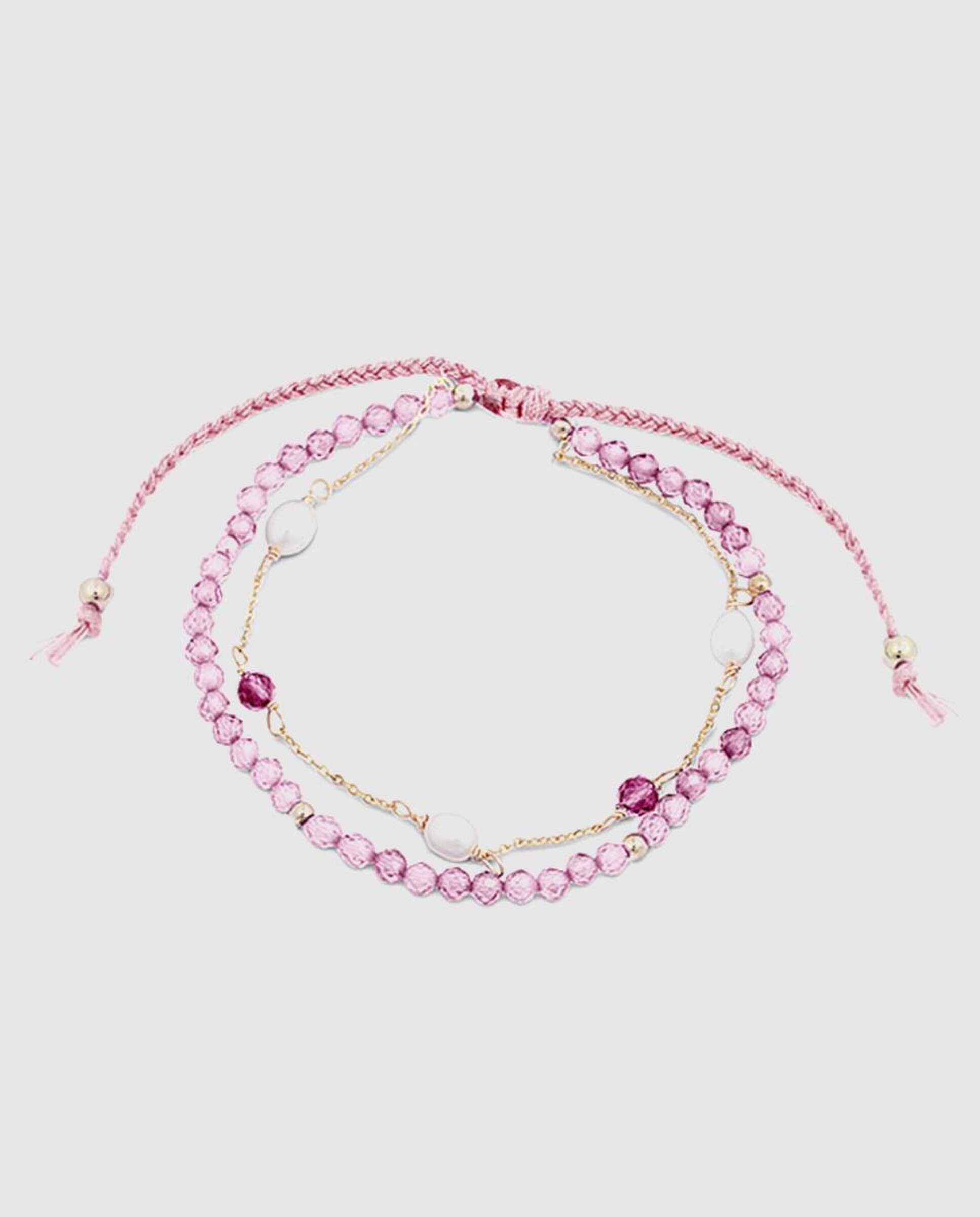 Pulseira de Cordão e Fio África Moda Acabada em Ouro Amarelo de 18 Quilates com Turmalina Rosa Rosa-1