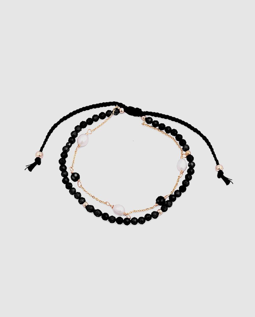 Pulseira de Cordão e Fio África Moda Acabada em Ouro Amarelo de 18 Quilates com Quartzo Hidrotermal e Ônix Ouro-1