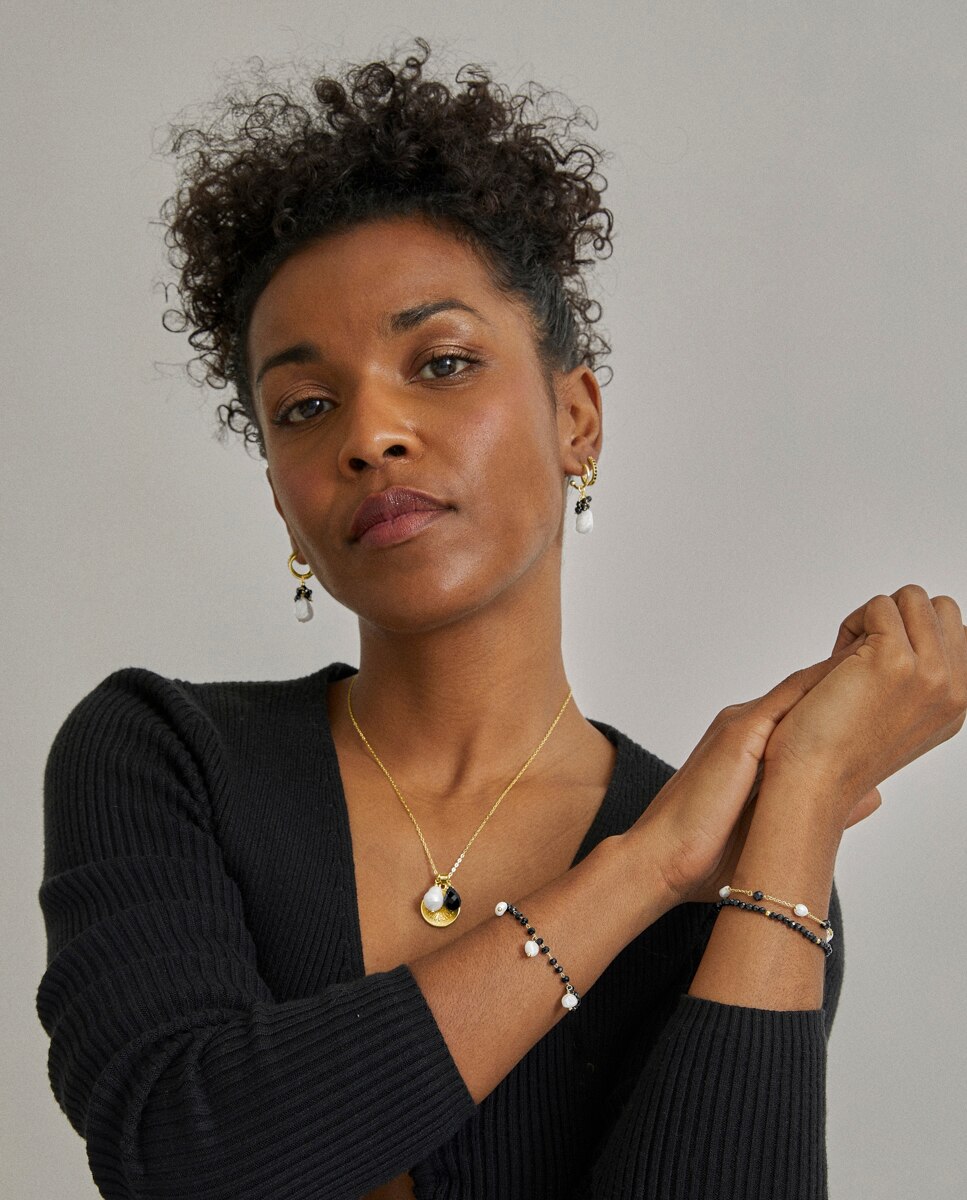Pulseira de Cordão e Fio África Moda Acabada em Ouro Amarelo de 18 Quilates com Quartzo Hidrotermal e Ônix Ouro-2