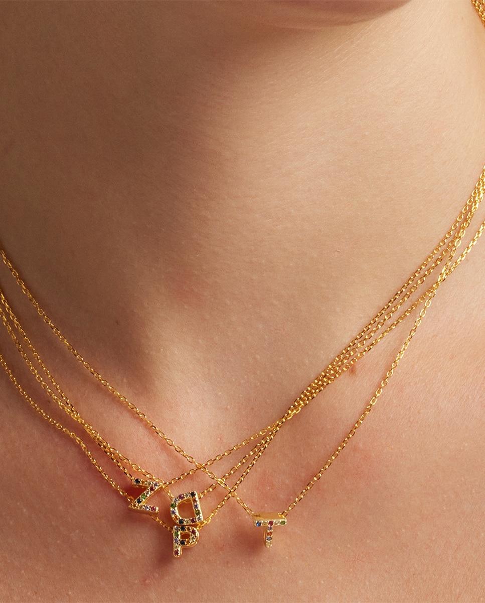 Colar Alphabet de Prata de Lei 925 com Acabamento em Ouro Amarelo de 18 Quilates e Zircónias Multicolor Ouro-3