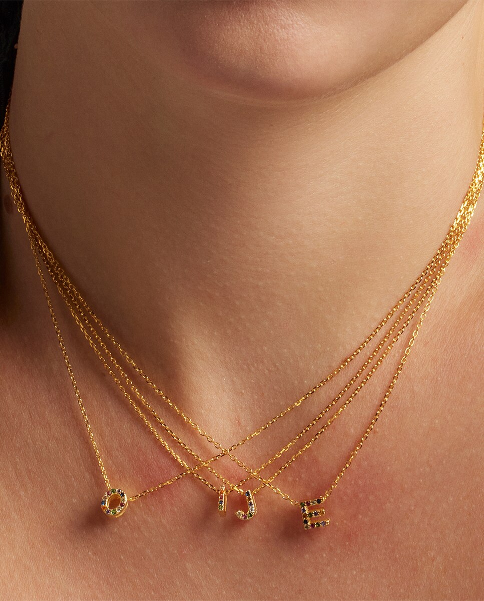 Colar Alphabet de Prata de Lei 925 com Acabamento em Ouro de 18 Quilates e Zirconita Multicolor Ouro-4
