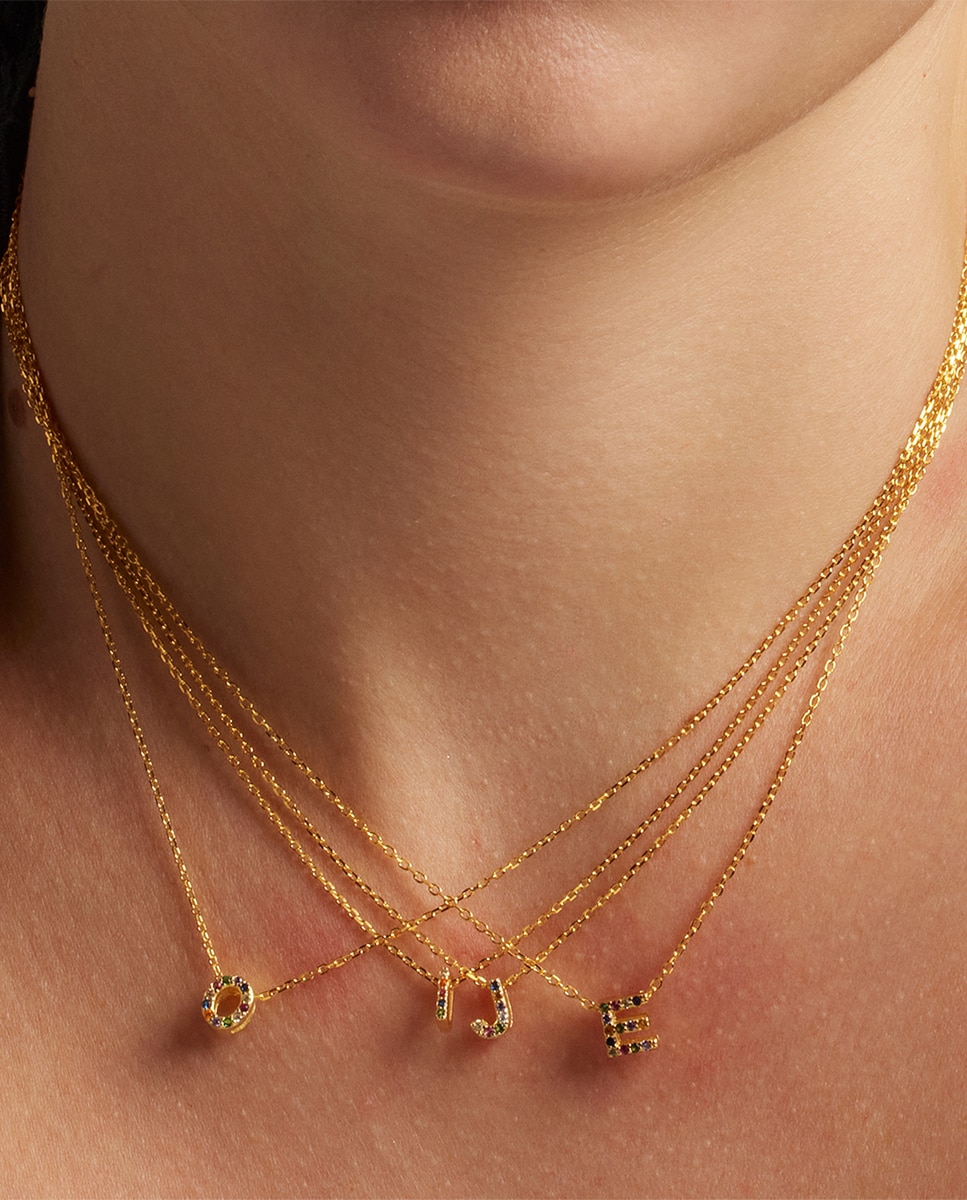 Colar Alphabet de Prata de Lei 925 com Acabamento em Ouro Amarelo de 18 Quilates e Zircónias Multicolor Ouro-3
