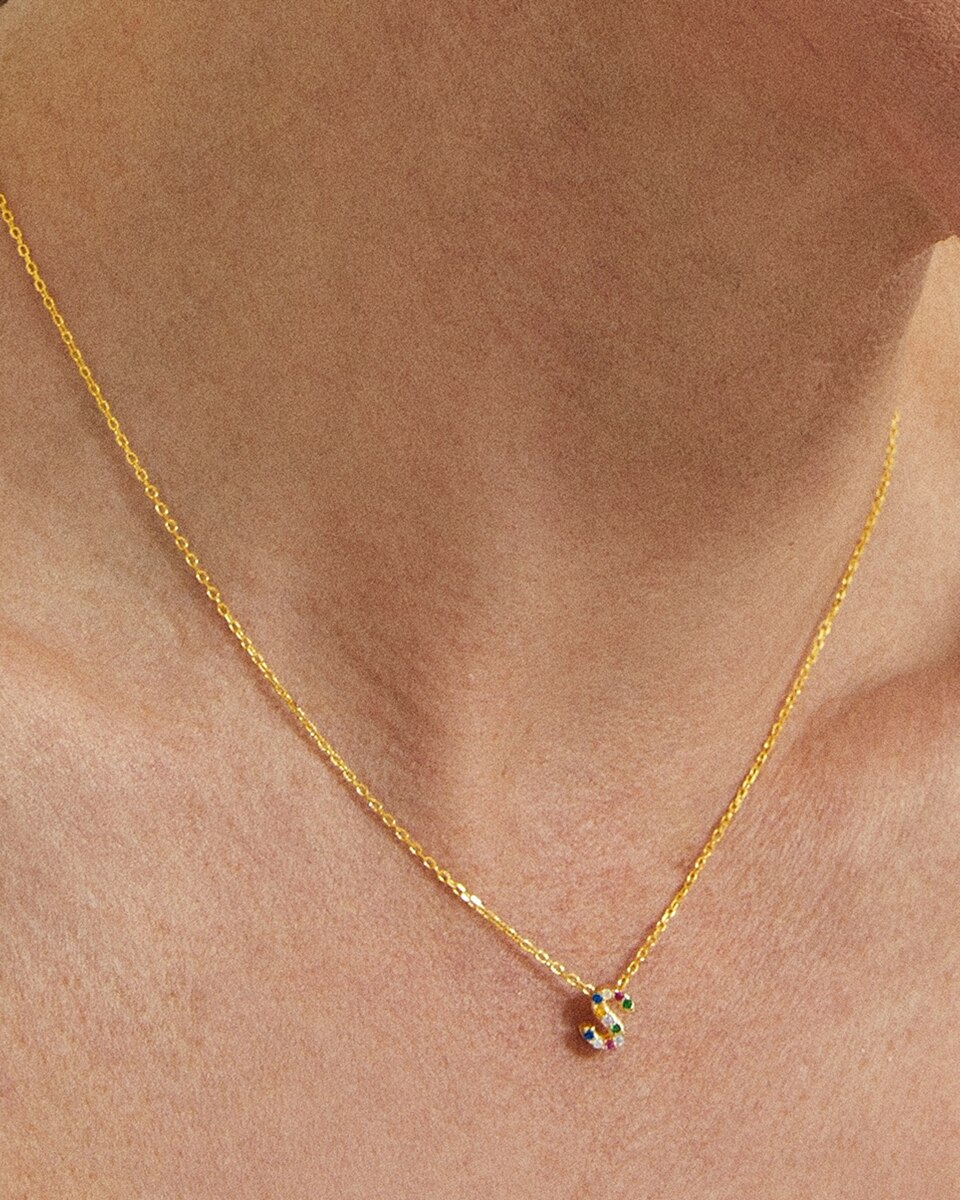 Colar Alphabet de Prata de Lei 925 com Acabamento em Ouro Amarelo de 18 Quilates e Zircónias Multicolor Ouro-3