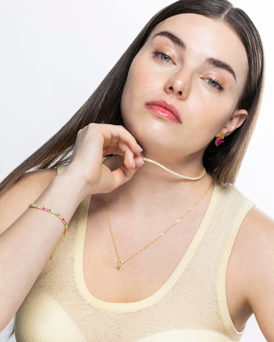 Colar Alphabet de Prata de Lei 925 com Acabamento em Ouro Amarelo de 18 Quilates e Zircónias Multicolor Ouro-4