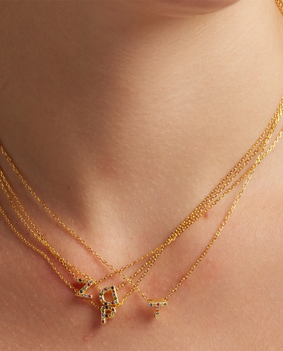 Colar Alphabet de Prata de Lei 925 com Acabamento em Ouro Amarelo de 18 Quilates e Zircónias Multicolor Ouro-3