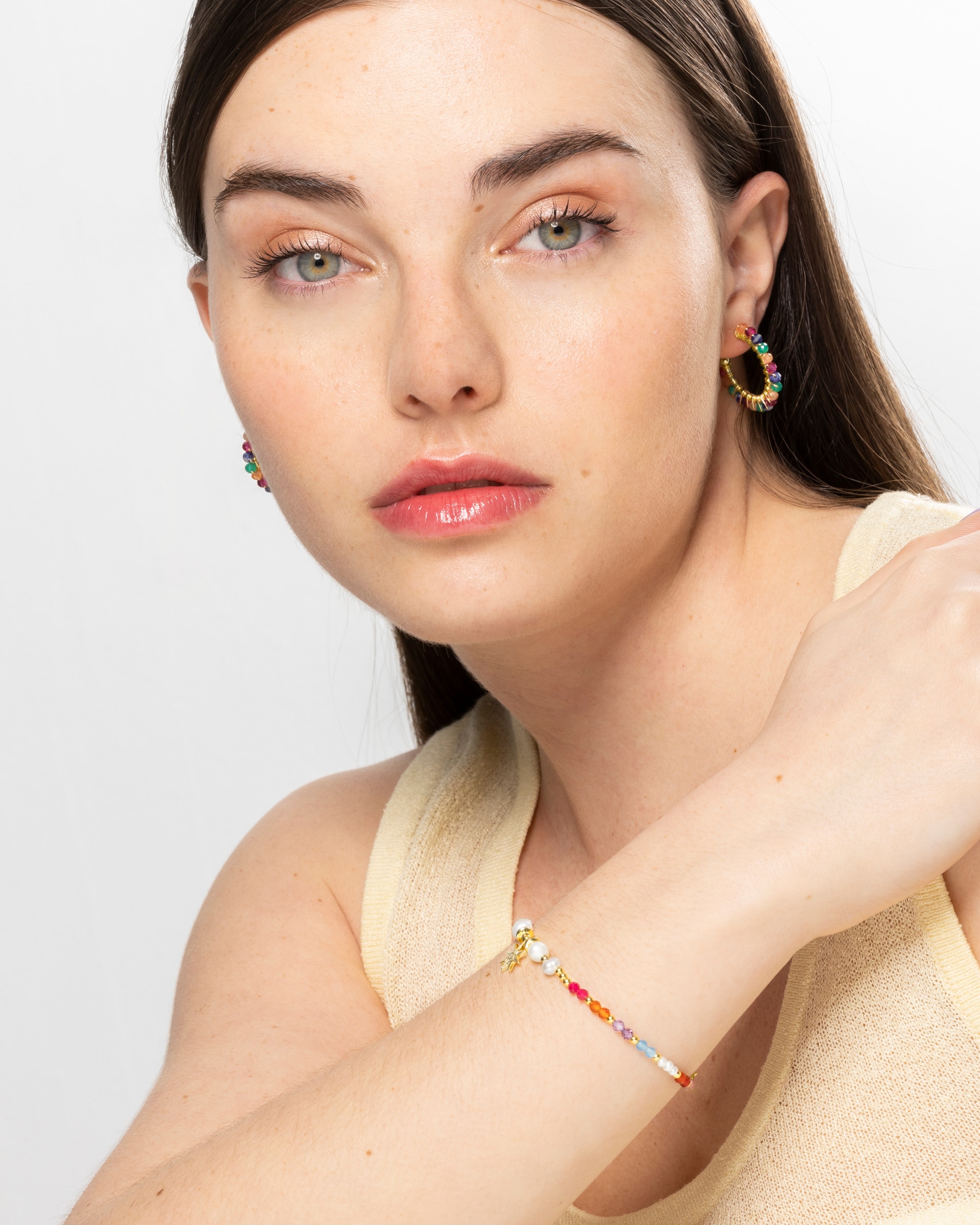 Pulseira de Corrente Trendy de Prata de Lei 925 Acabada em Ouro de 18 Quilates com Cristal Multicolor Ouro-2
