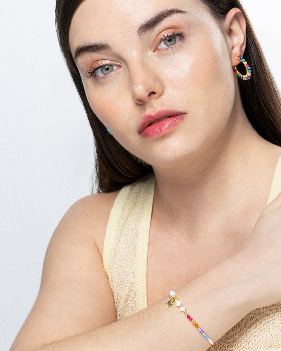 Pulseira de Corrente Trendy de Prata de Lei 925 Acabada em Ouro de 18 Quilates com Cristal Multicolor Ouro-5