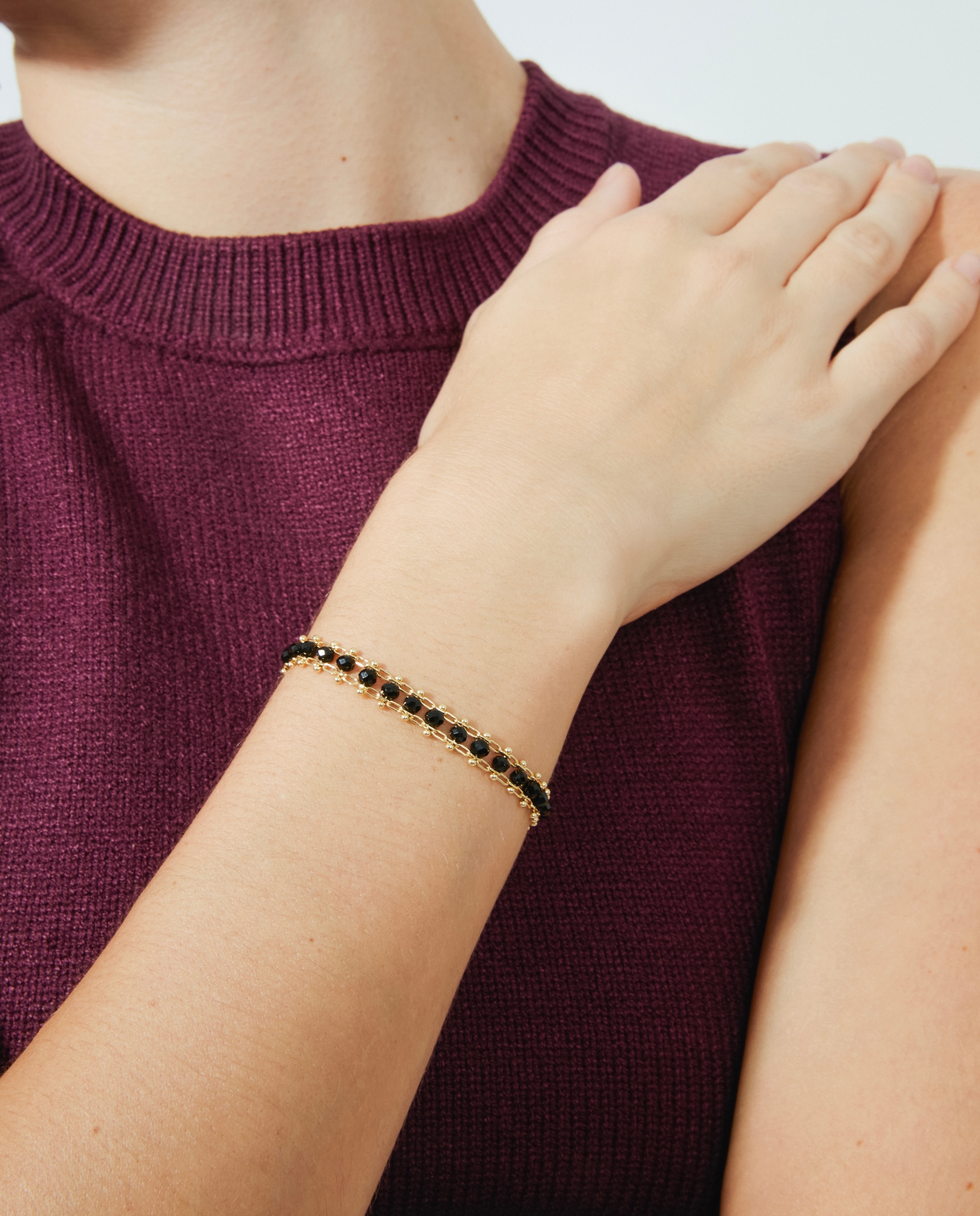 Pulseira de Corrente Make a Wish de Prata de Lei 925 Acabada em Ouro Amarelo de 18 Quilates com Cristal em Preto Ouro-5
