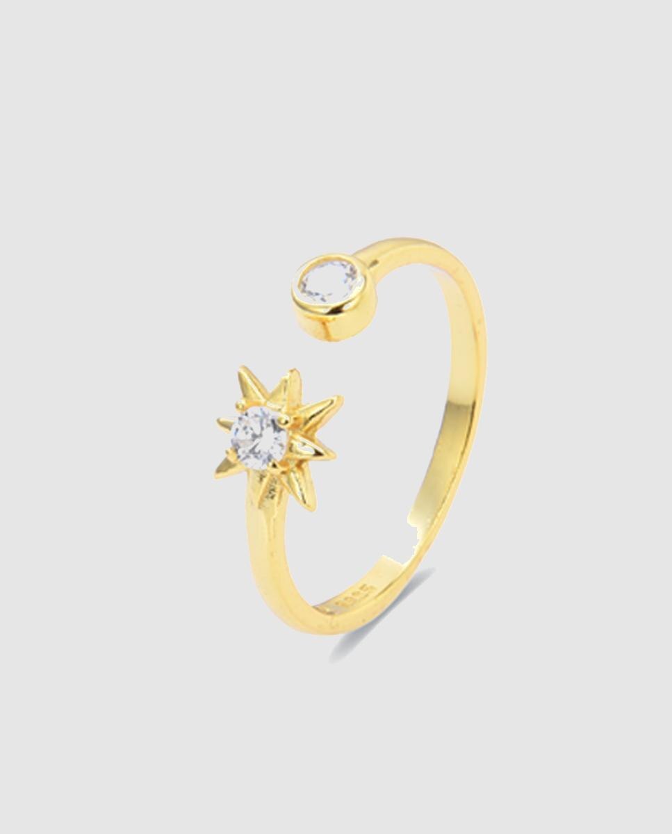 Anel Ajustável Pede Um Desejo de Prata de Lei 925 com Acabamento em Ouro de 18 Quilates e Zirconita Brilhante Ouro-1
