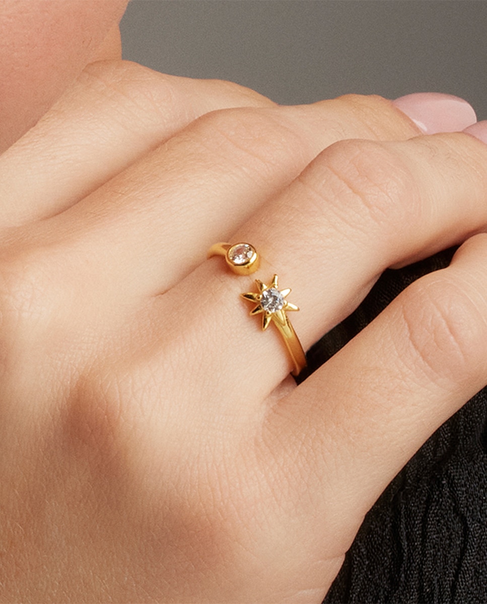 Anel Ajustável Pede Um Desejo de Prata de Lei 925 com Acabamento em Ouro de 18 Quilates e Zirconita Brilhante Ouro-4