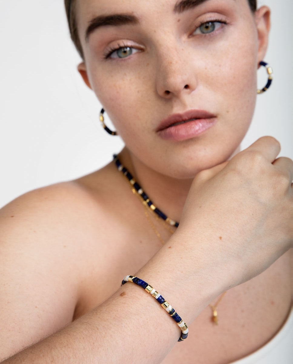 Pulseira de Corrente Trendy de Prata de Lei 925 Acabada em Ouro de 18 Quilates com Lapislázuli Natural Ouro / Prata-2