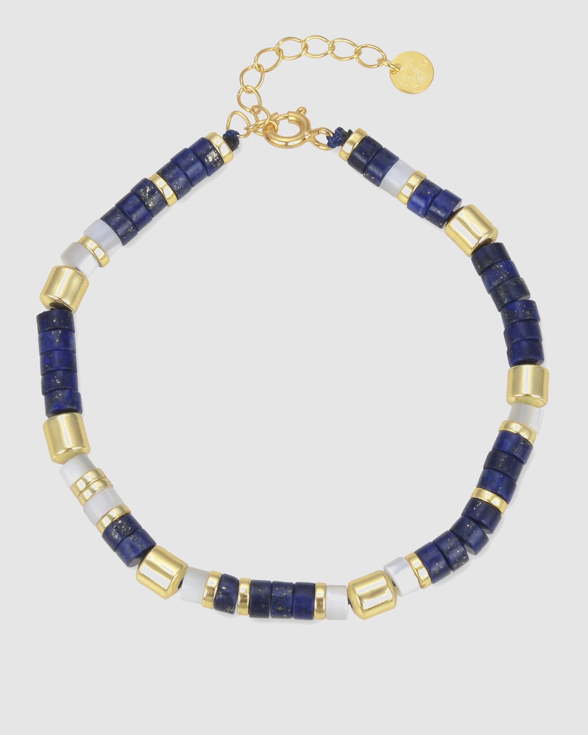 Pulseira de Corrente Trendy de Prata de Lei 925 Acabada em Ouro de 18 Quilates com Lapislázuli Natural Ouro / Prata-3