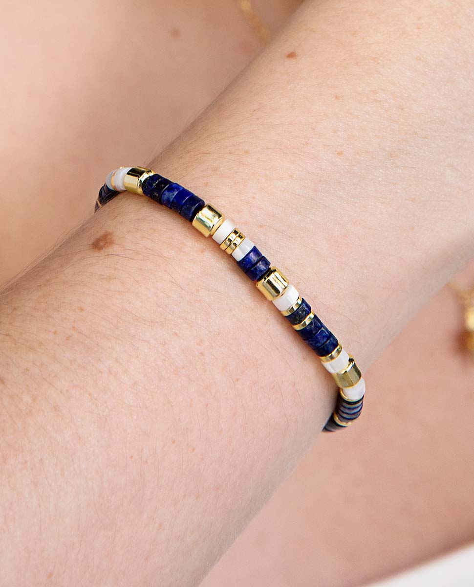 Pulseira de Corrente Trendy de Prata de Lei 925 Acabada em Ouro de 18 Quilates com Lapislázuli Natural Ouro / Prata-4