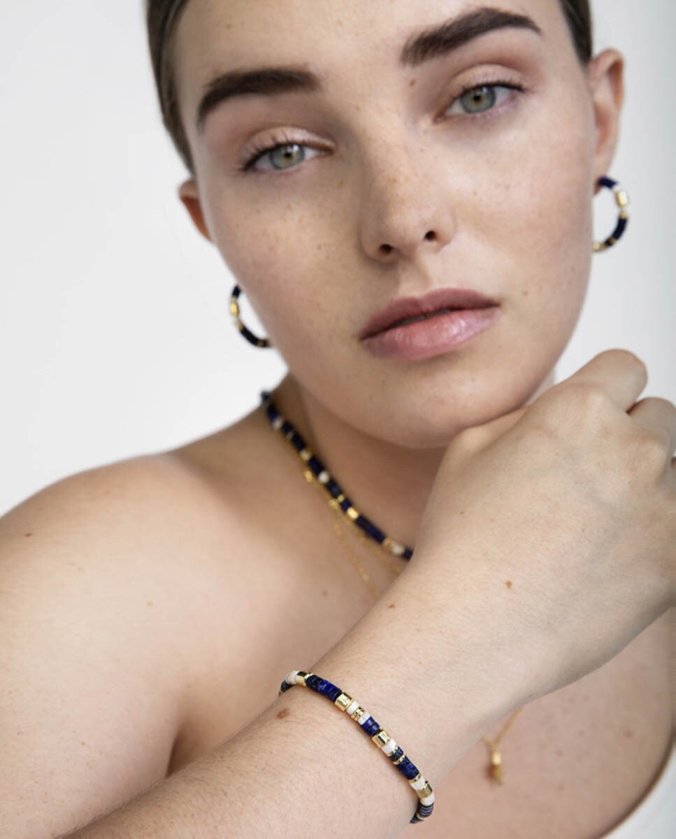 Pulseira de Corrente Trendy de Prata de Lei 925 Acabada em Ouro de 18 Quilates com Lapislázuli Natural Ouro / Prata-5