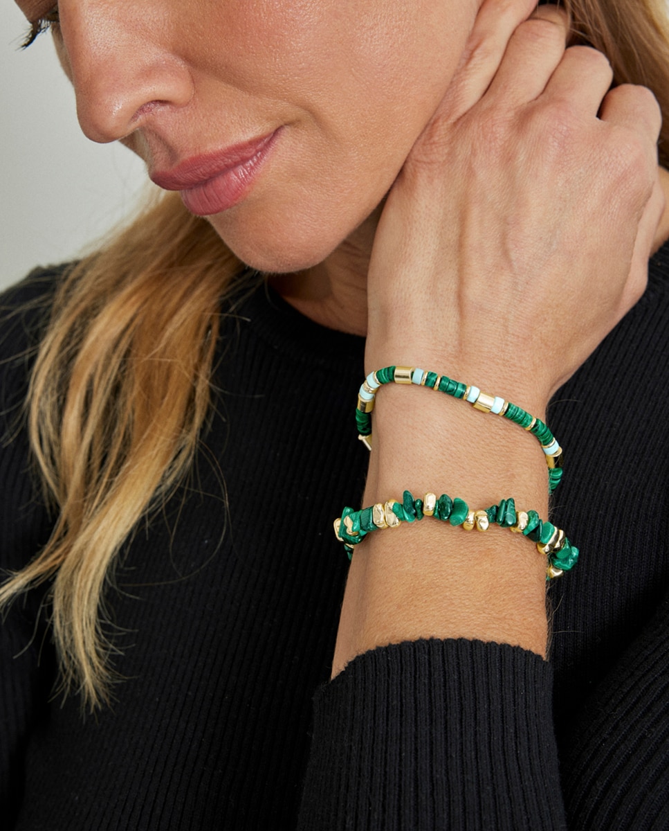 Pulseira de Corrente Trendy de Prata de Lei 925 Acabada em Ouro de 18 Quilates com Malaquita Ouro-2