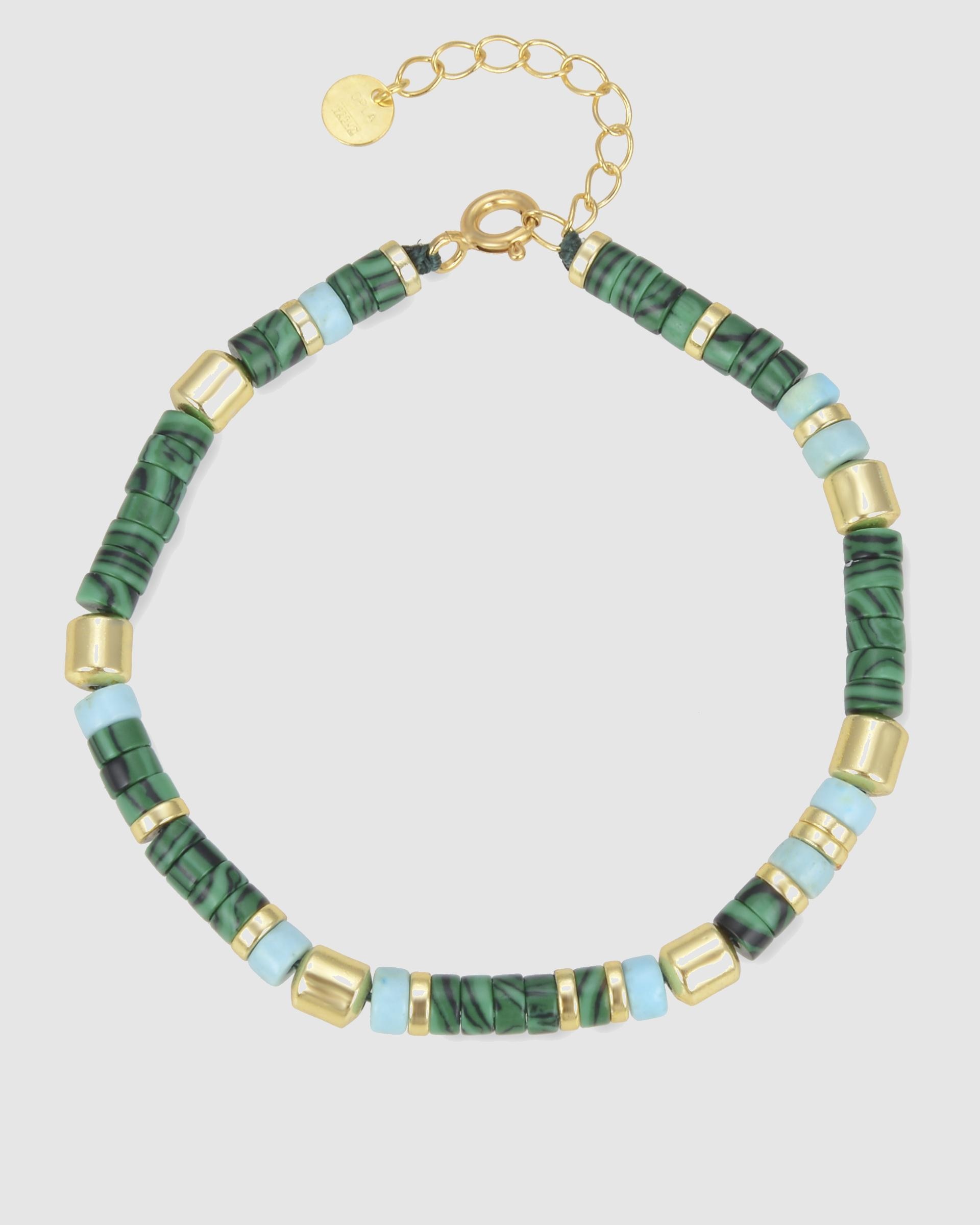 Pulseira de Corrente Trendy de Prata de Lei 925 Acabada em Ouro de 18 Quilates com Malaquita Ouro-3