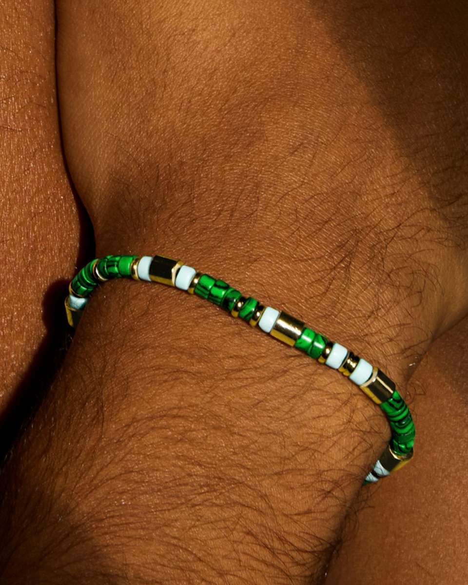Pulseira de Corrente Trendy de Prata de Lei 925 Acabada em Ouro de 18 Quilates com Malaquita Ouro-4