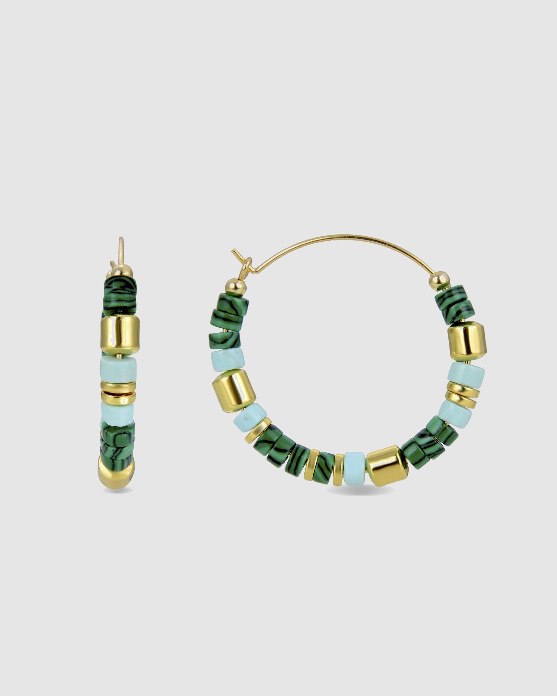 Brincos de Argola Trendy de Prata de Lei 925 com Acabamento em Ouro de 18 Quilates e Malaquita Dourado-1