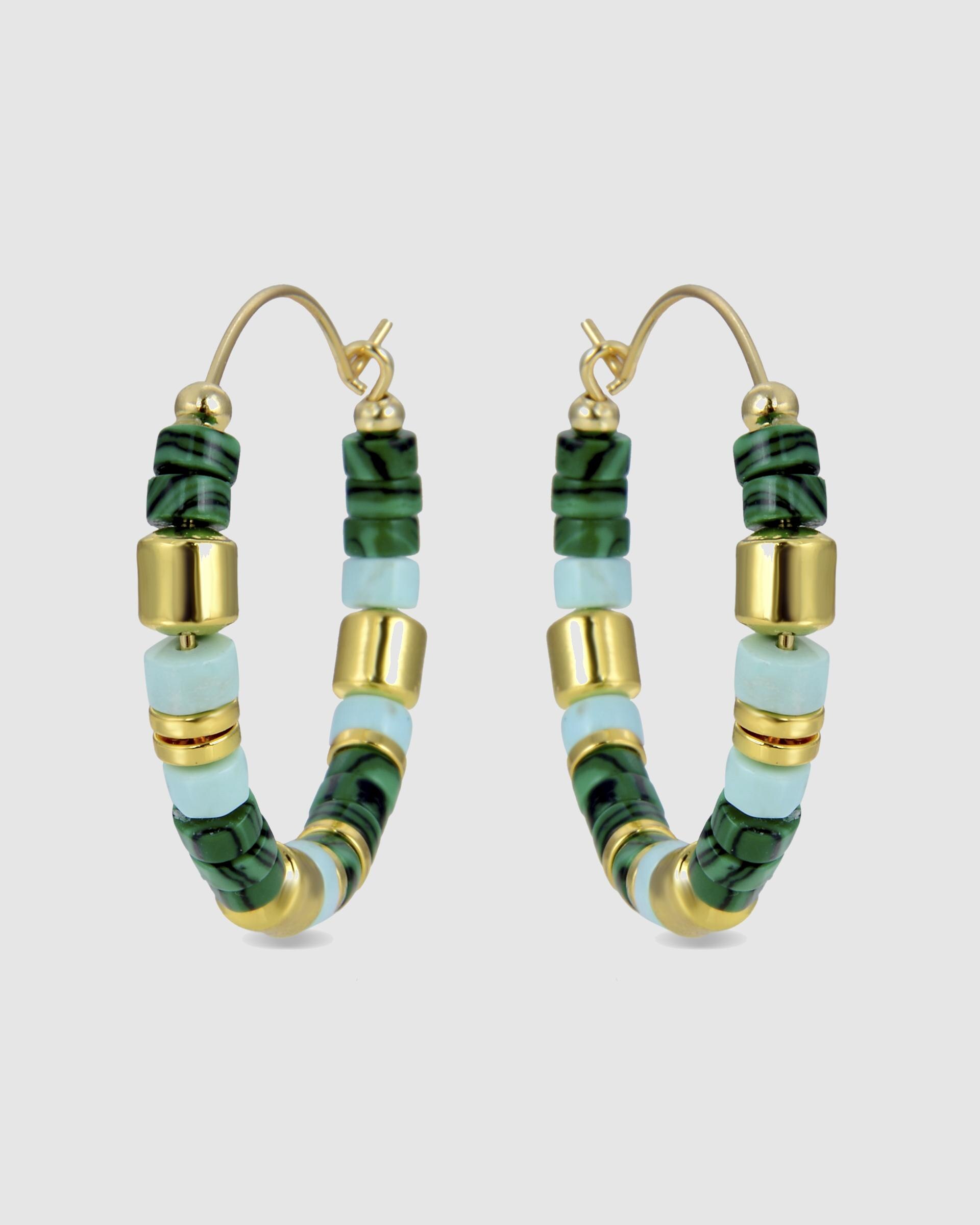 Brincos de Argola Trendy de Prata de Lei 925 com Acabamento em Ouro de 18 Quilates e Malaquita Dourado-3