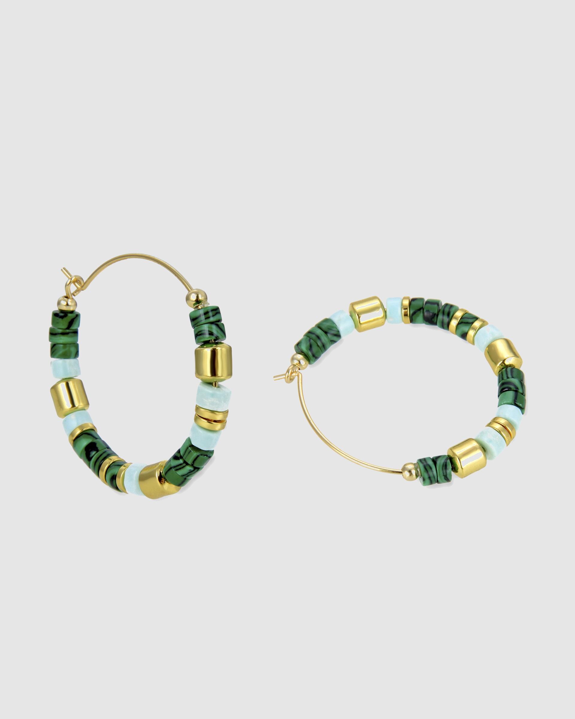 Brincos de Argola Trendy de Prata de Lei 925 com Acabamento em Ouro de 18 Quilates e Malaquita Dourado-5