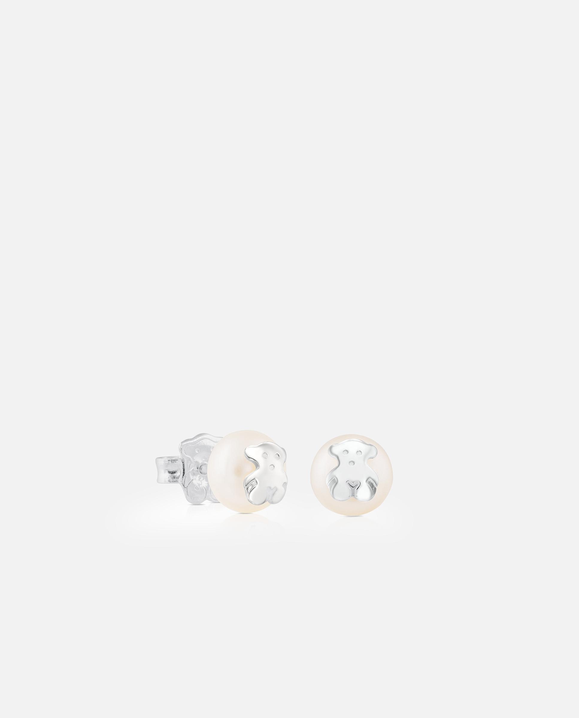 Brincos Bear com Pérola e Urso em Prata Branco-1